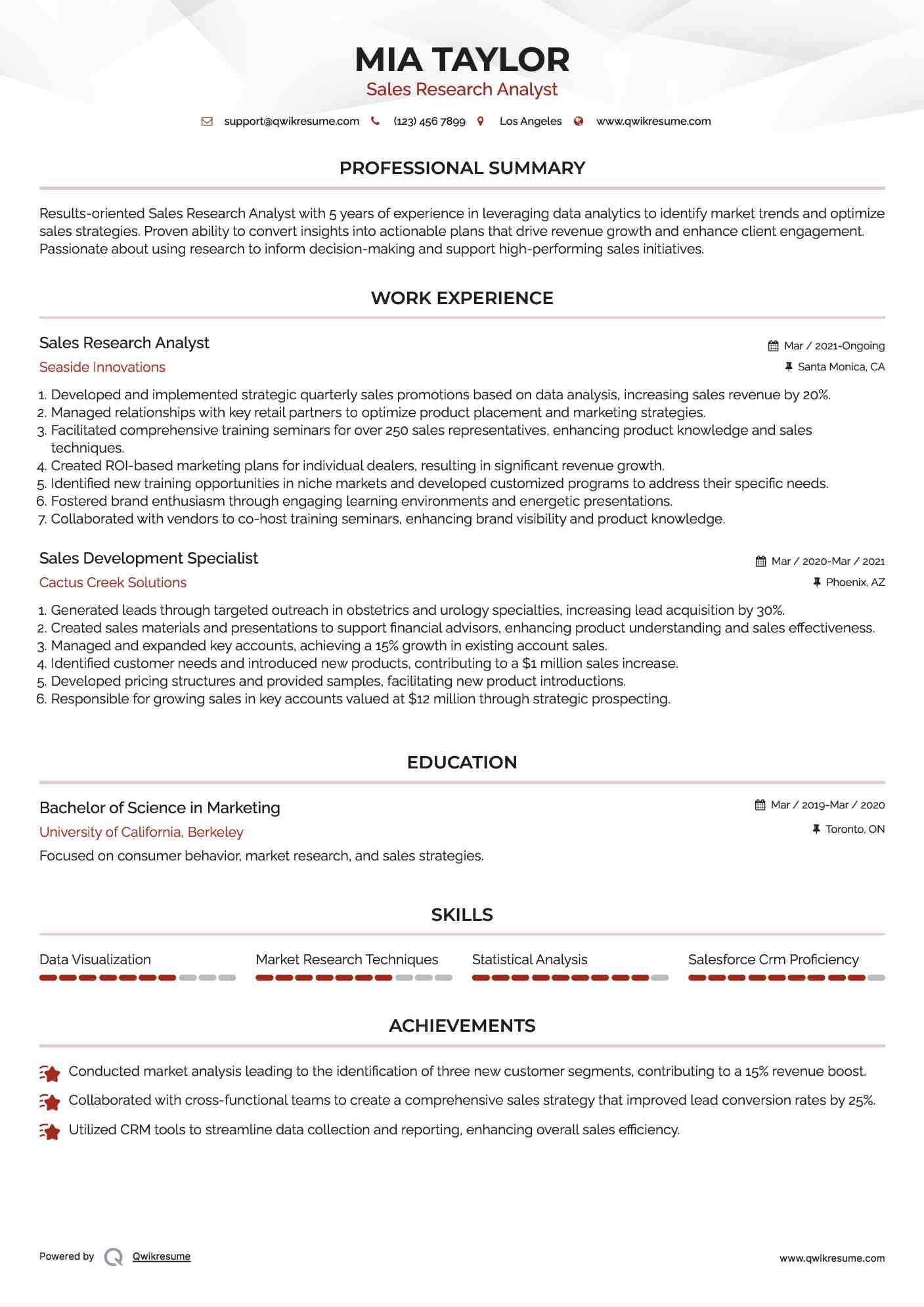 Sales Research Analyst Resume Sample