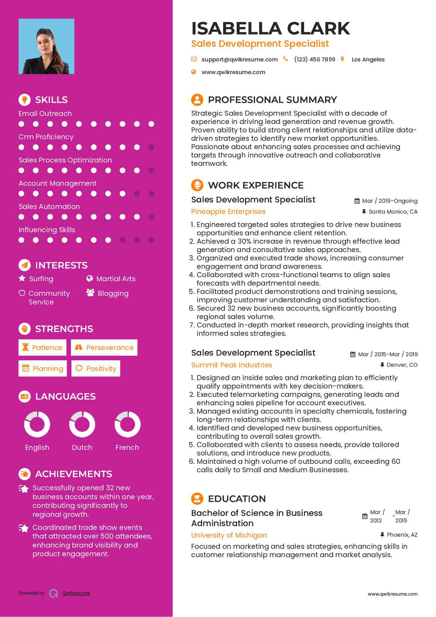 Sales Development Specialist Resume Example