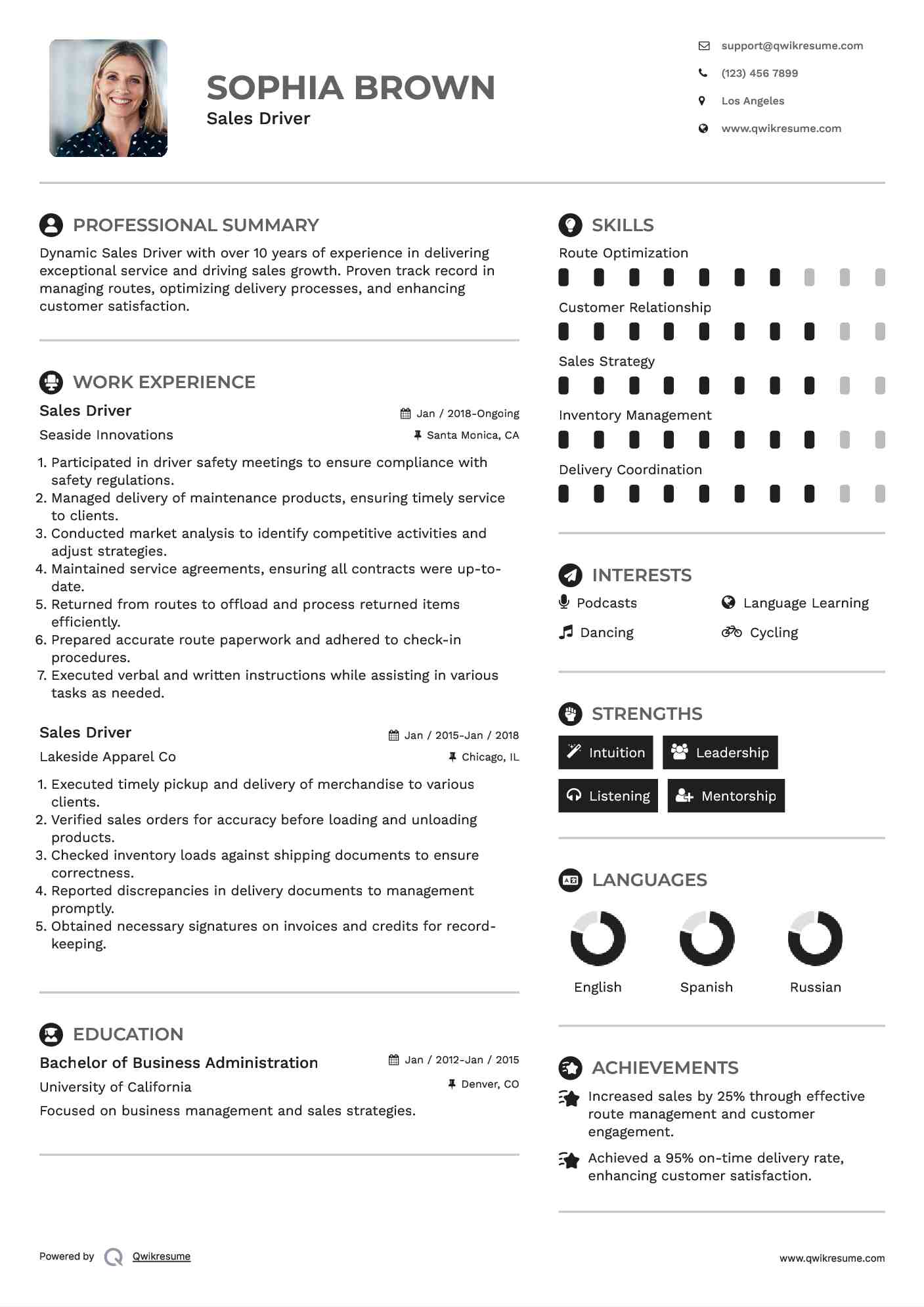 Sales Driver Resume Sample