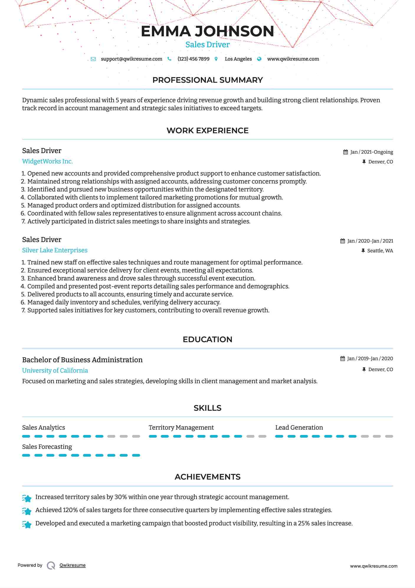 Sales Driver Resume Example