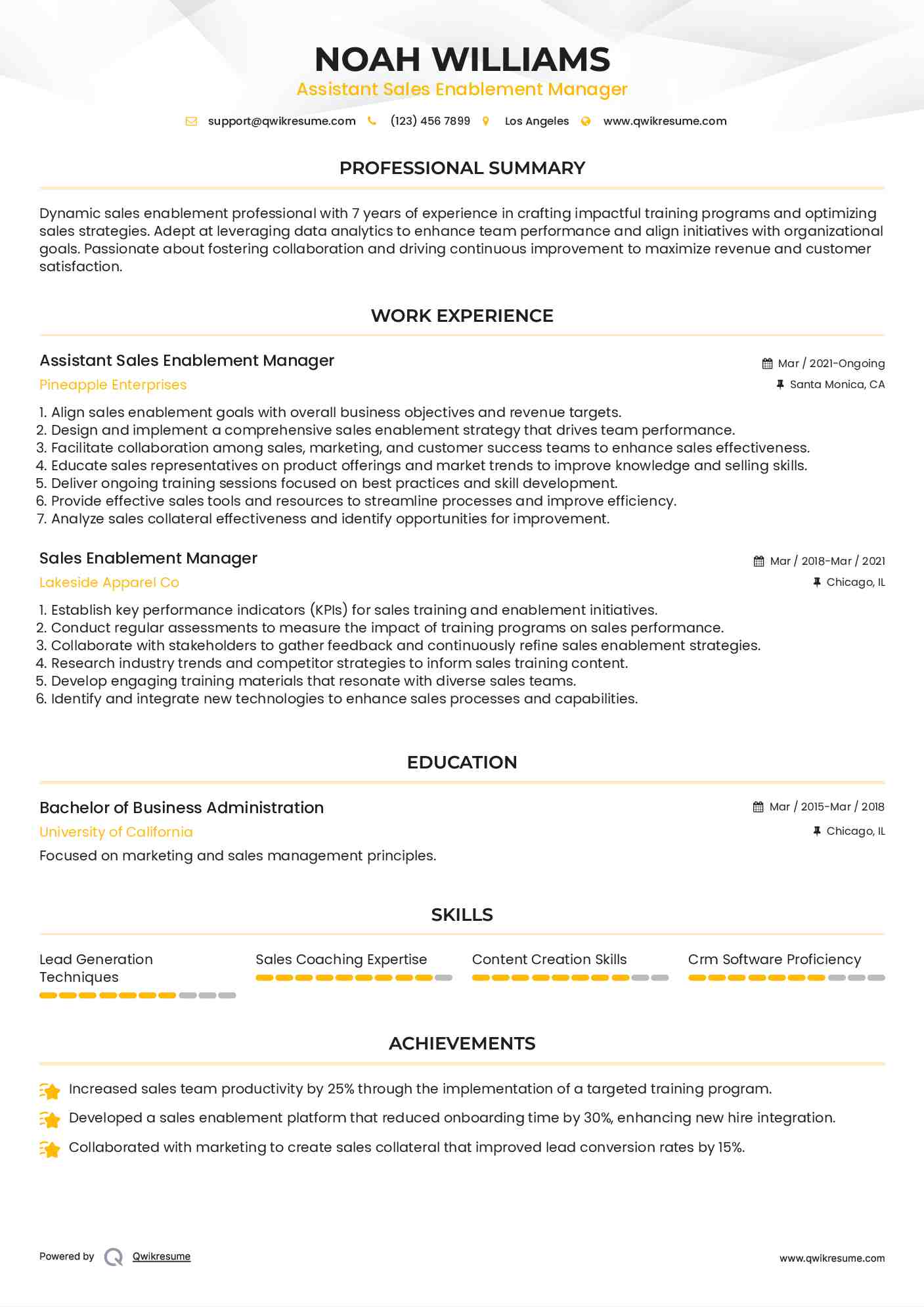 Assistant Sales Enablement Manager Resume Format
