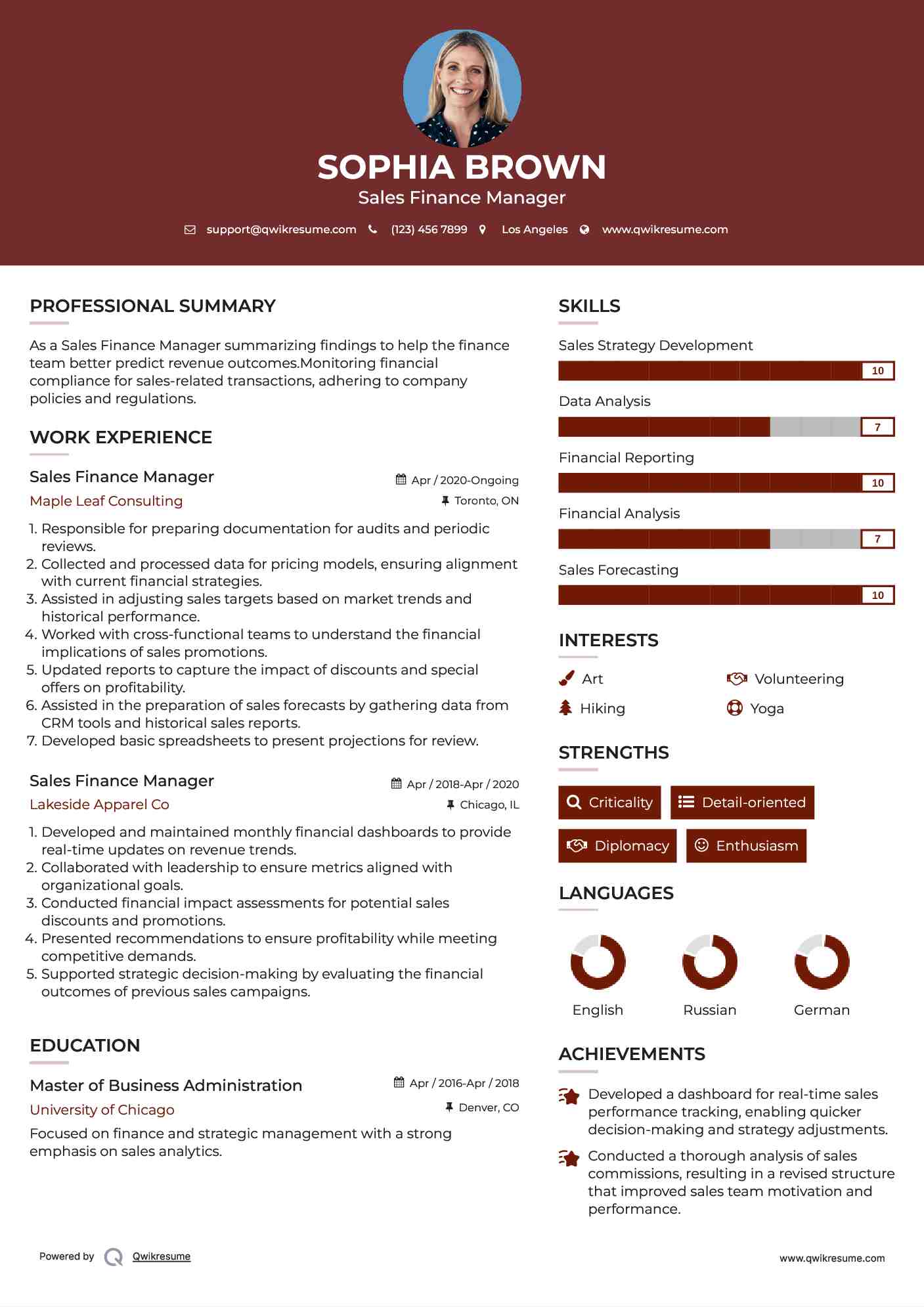 Sales Finance Manager Resume Sample