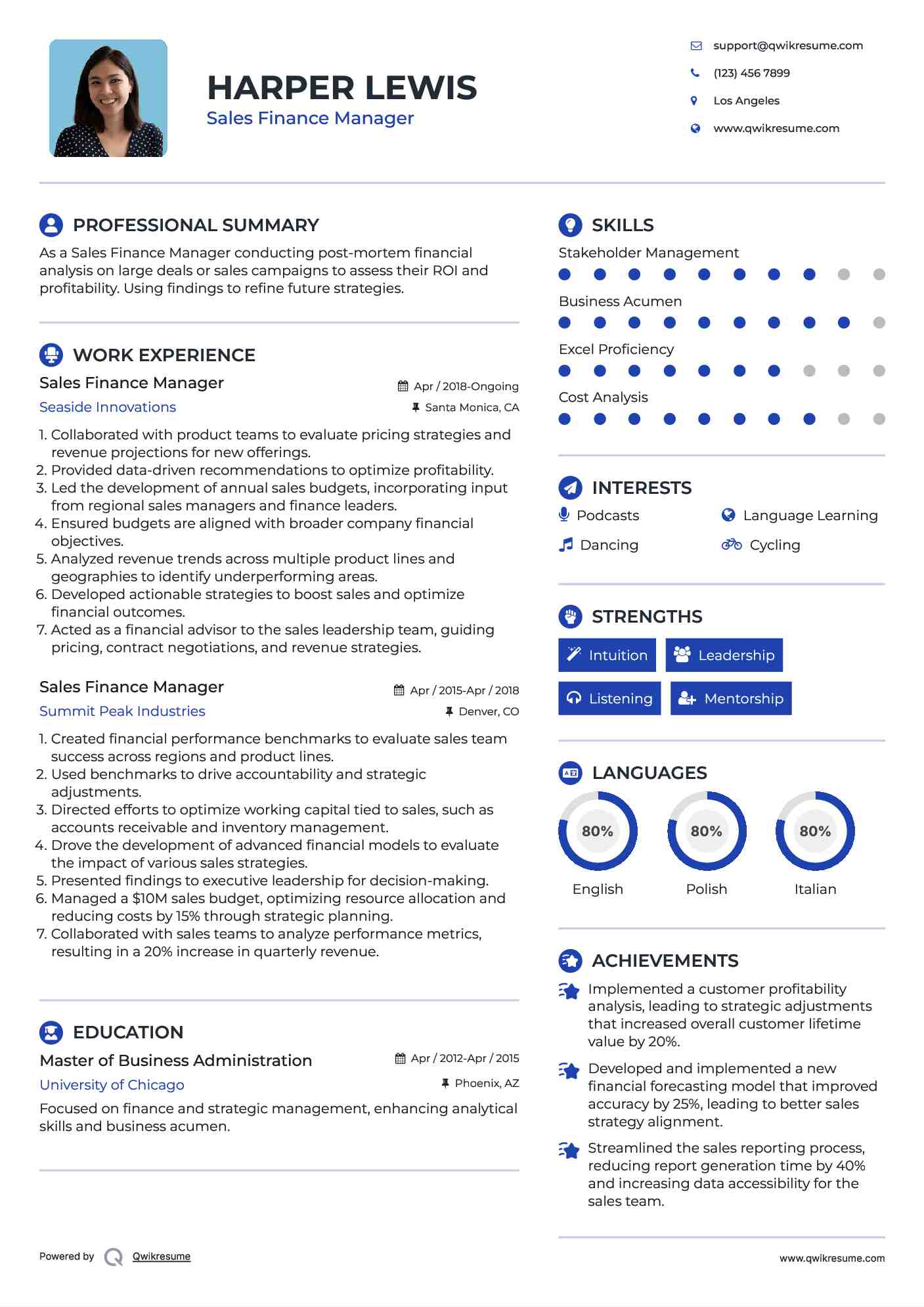 Sales Finance Manager Resume Example