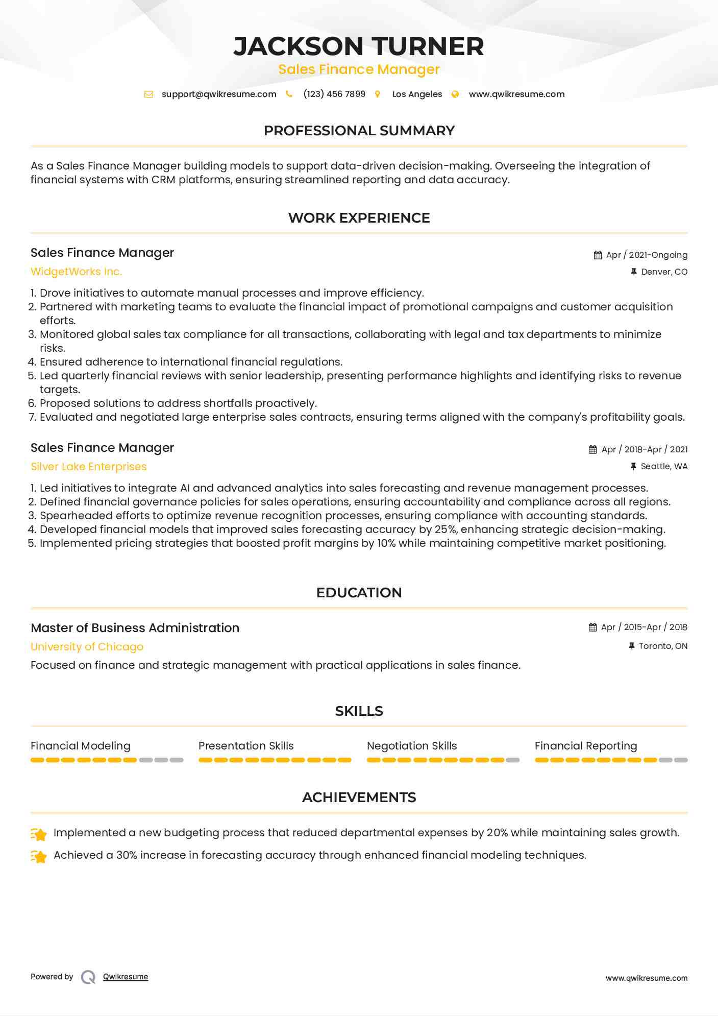 Sales Finance Manager Resume Example