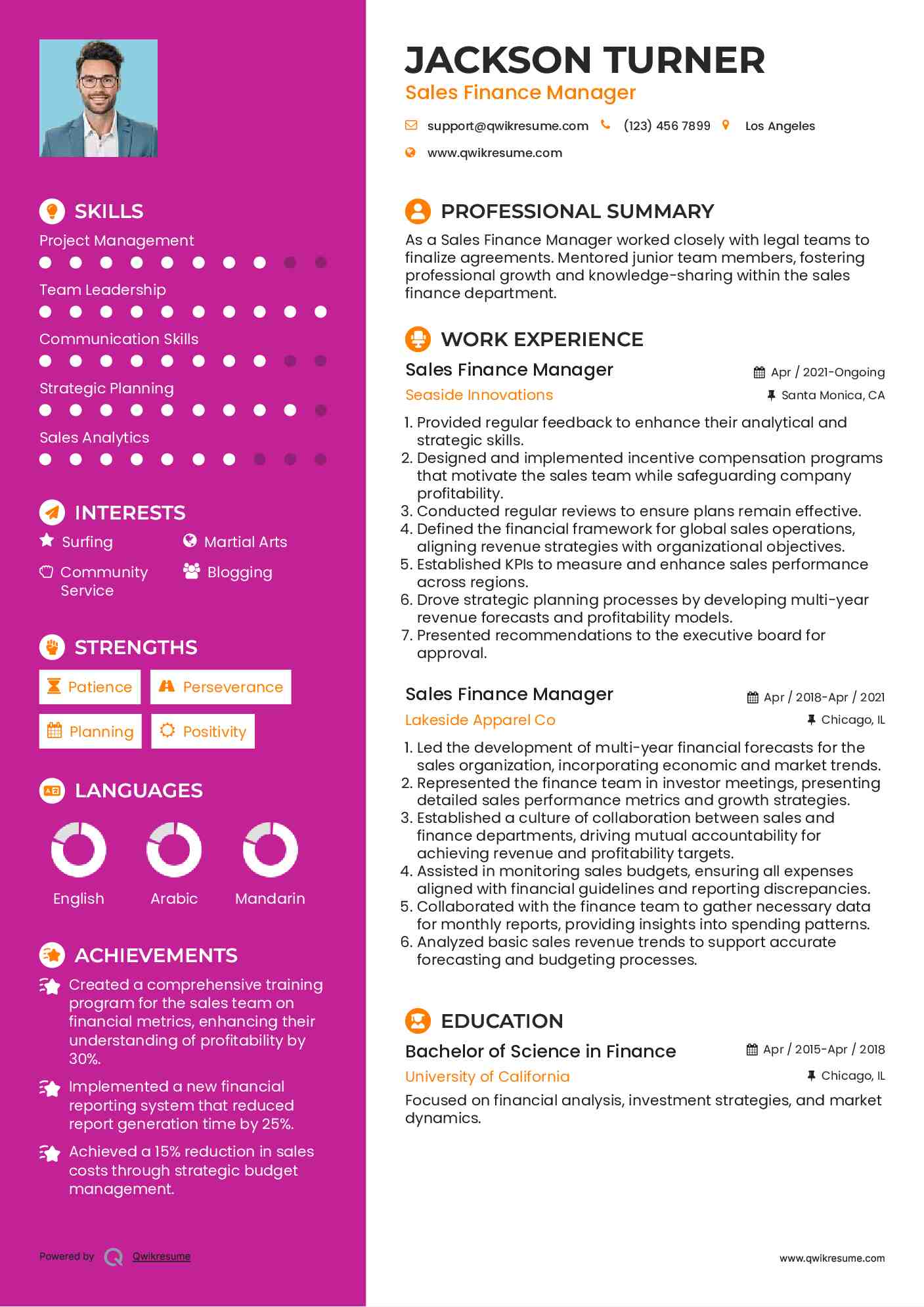 Sales Finance Manager Resume Template