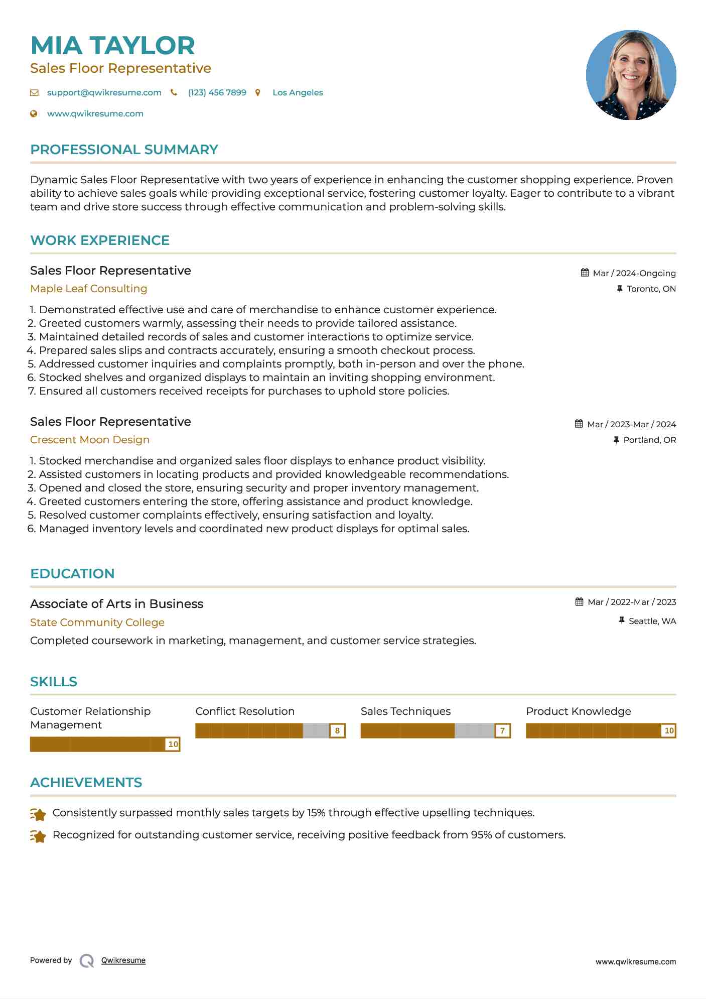 Sales Floor Representative Resume Example