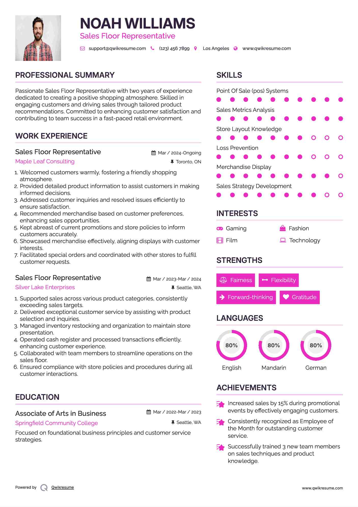 Sales Floor Representative Resume Example