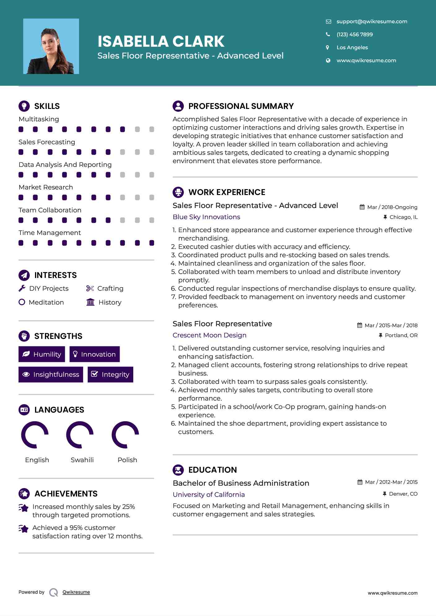 Sales Floor Representative - Advanced Level Resume Model