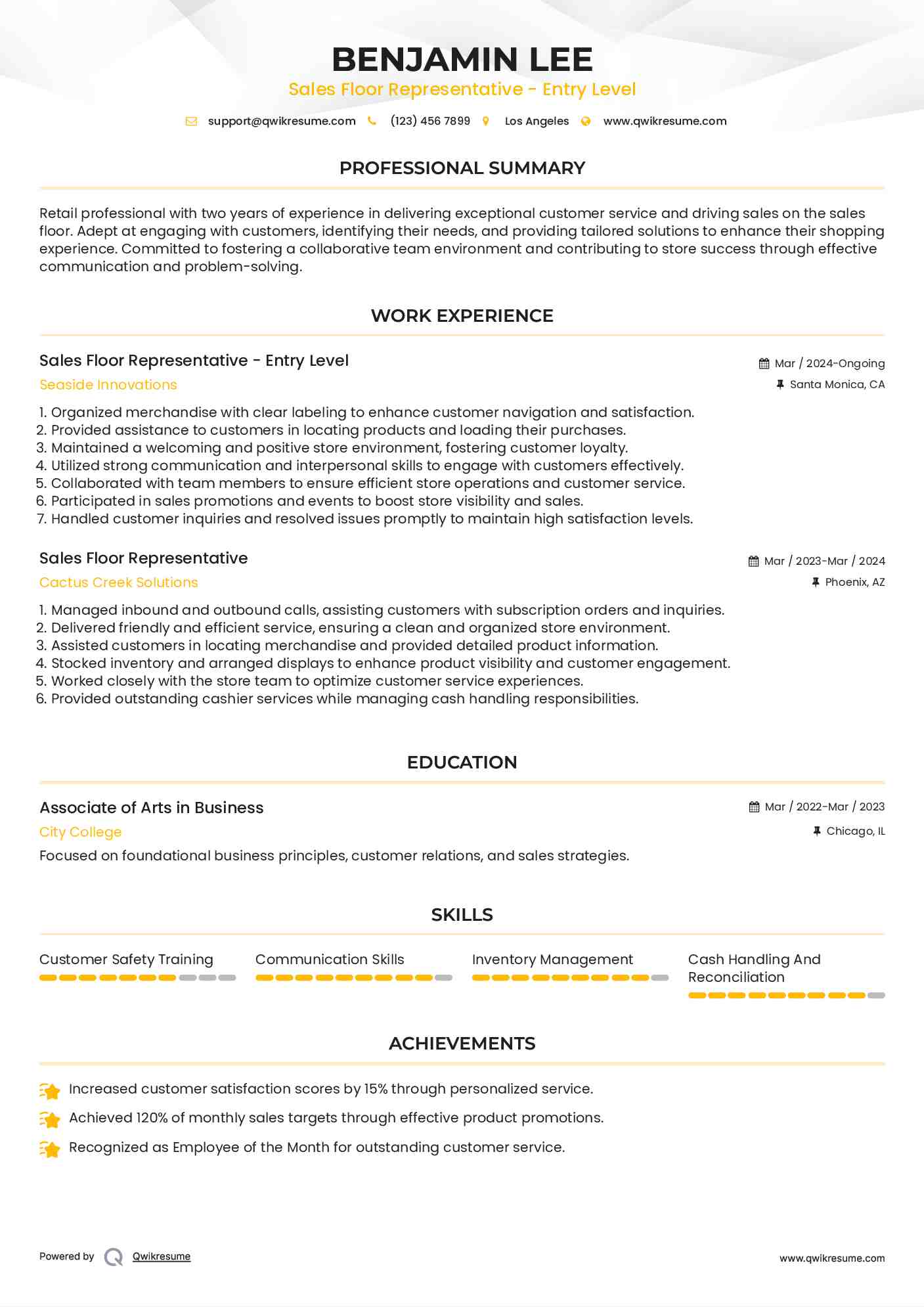 Sales Floor Representative - Entry Level Resume Format