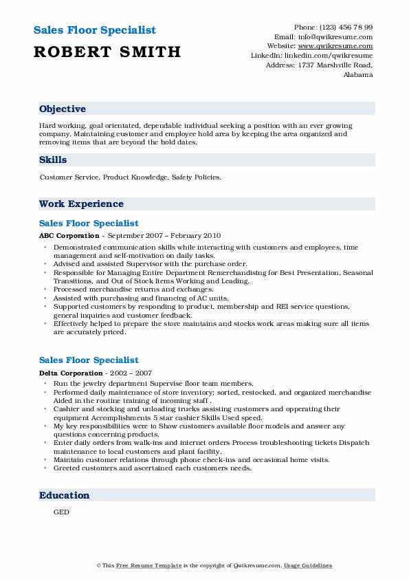Sales Floor Specialist Resume Samples QwikResume