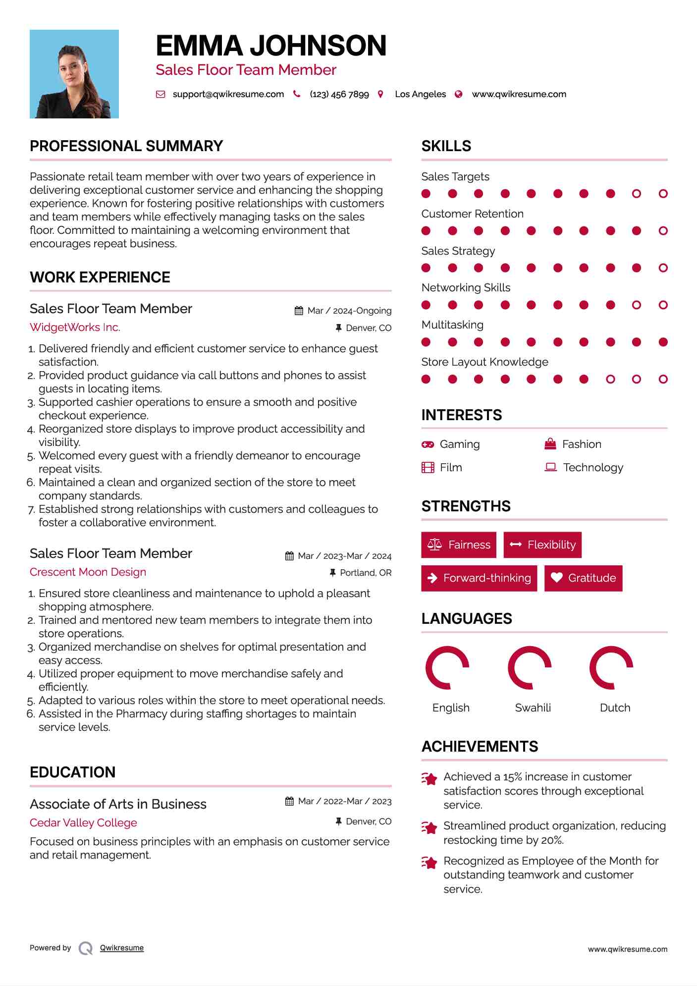 Sales Floor Team Member Resume Samples Qwikresume