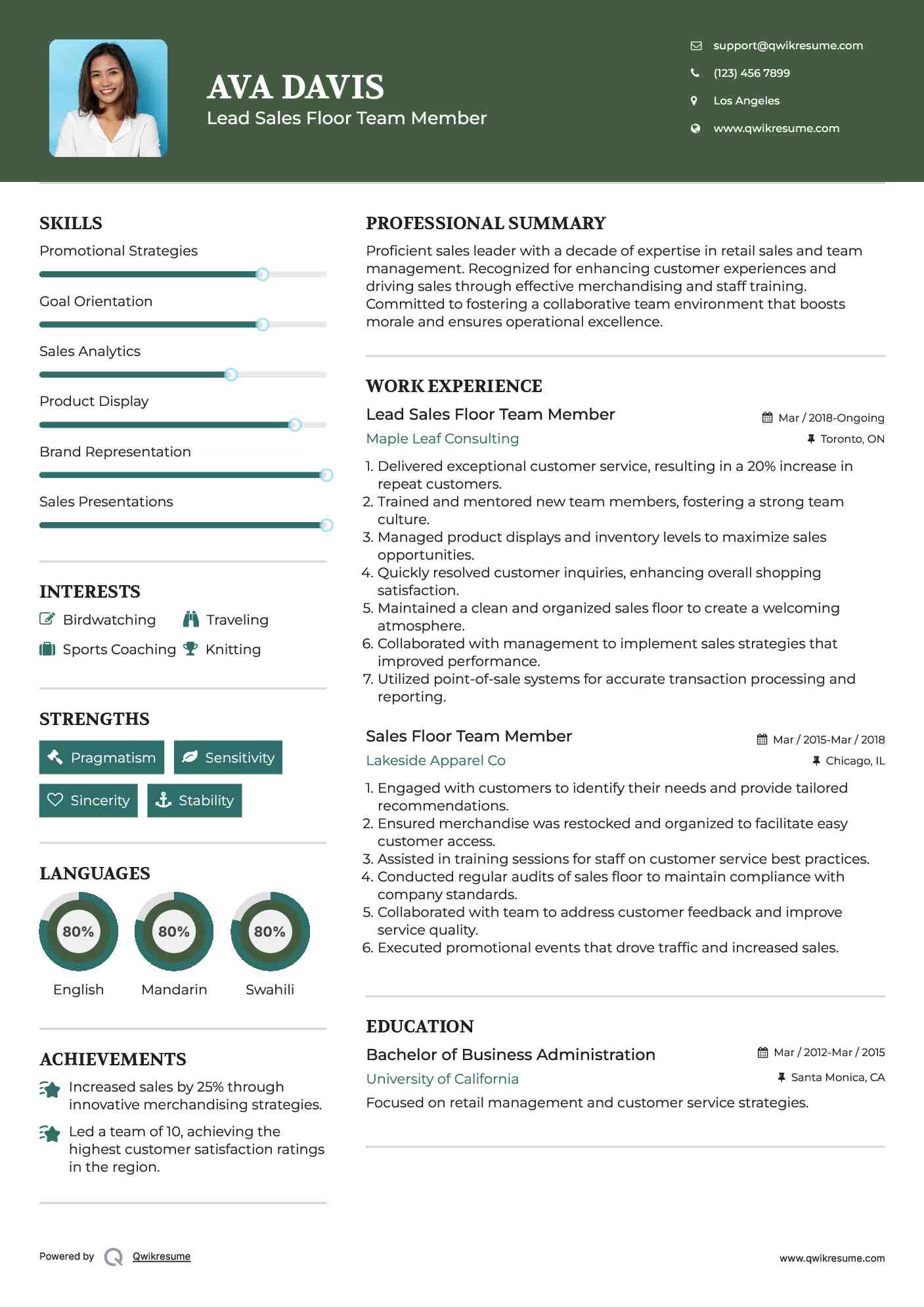 Lead Sales Floor Team Member  Resume Example