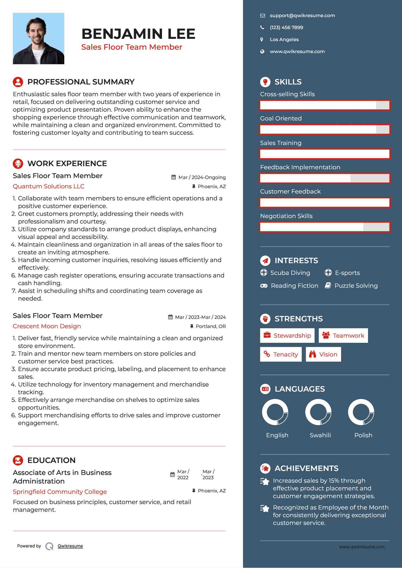 Sales Floor Team Member Resume Example