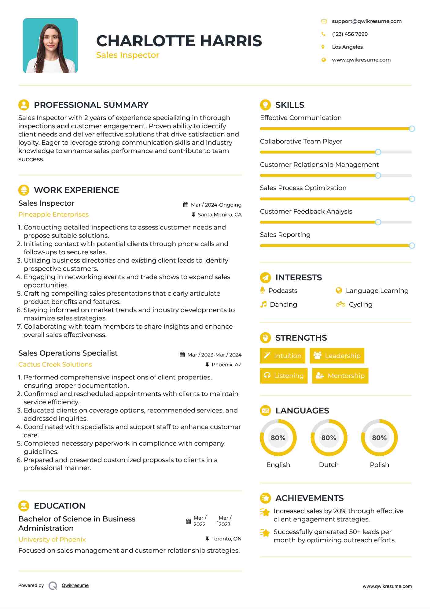 Sales Inspector Resume Format