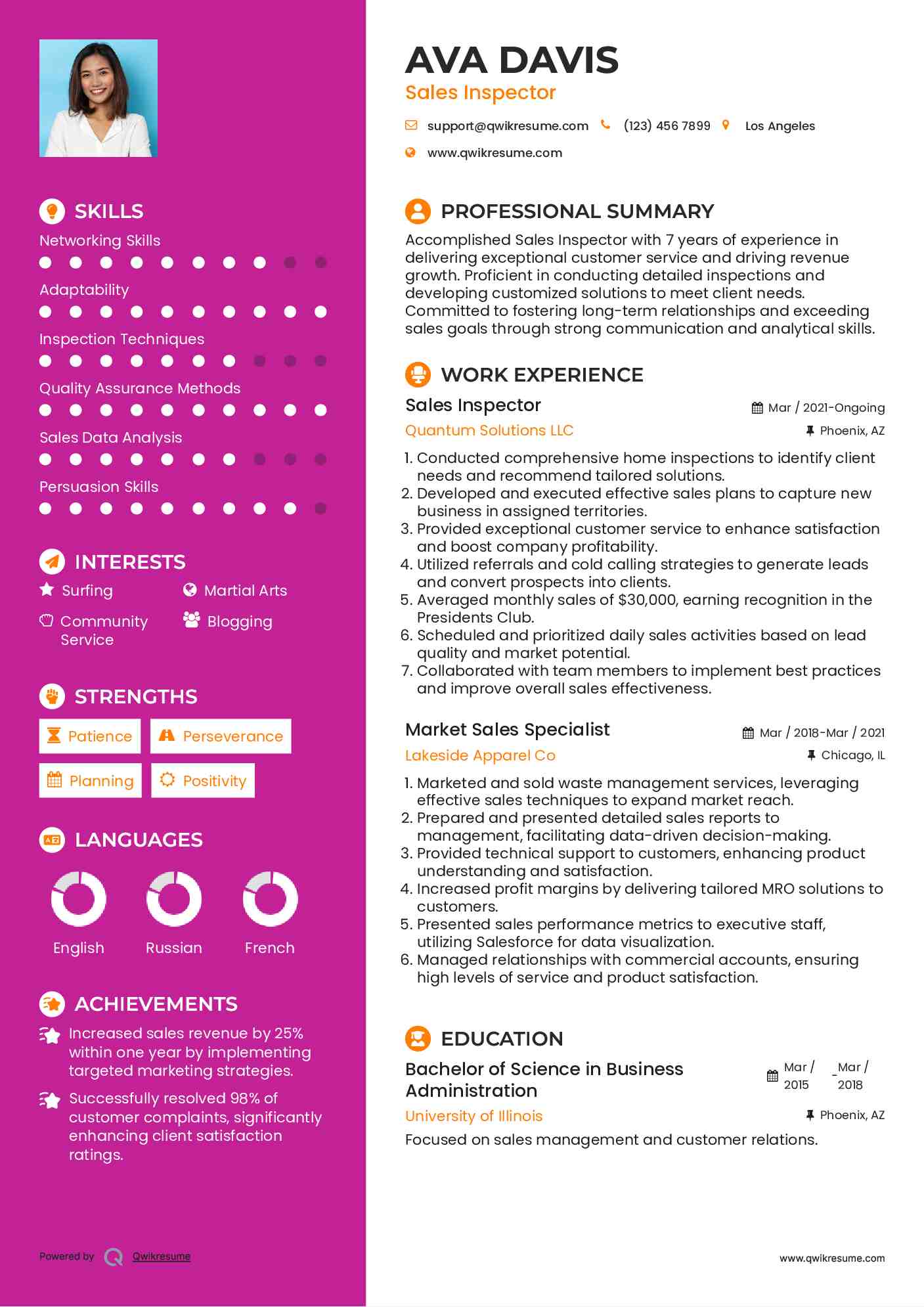 Sales Inspector Resume Example