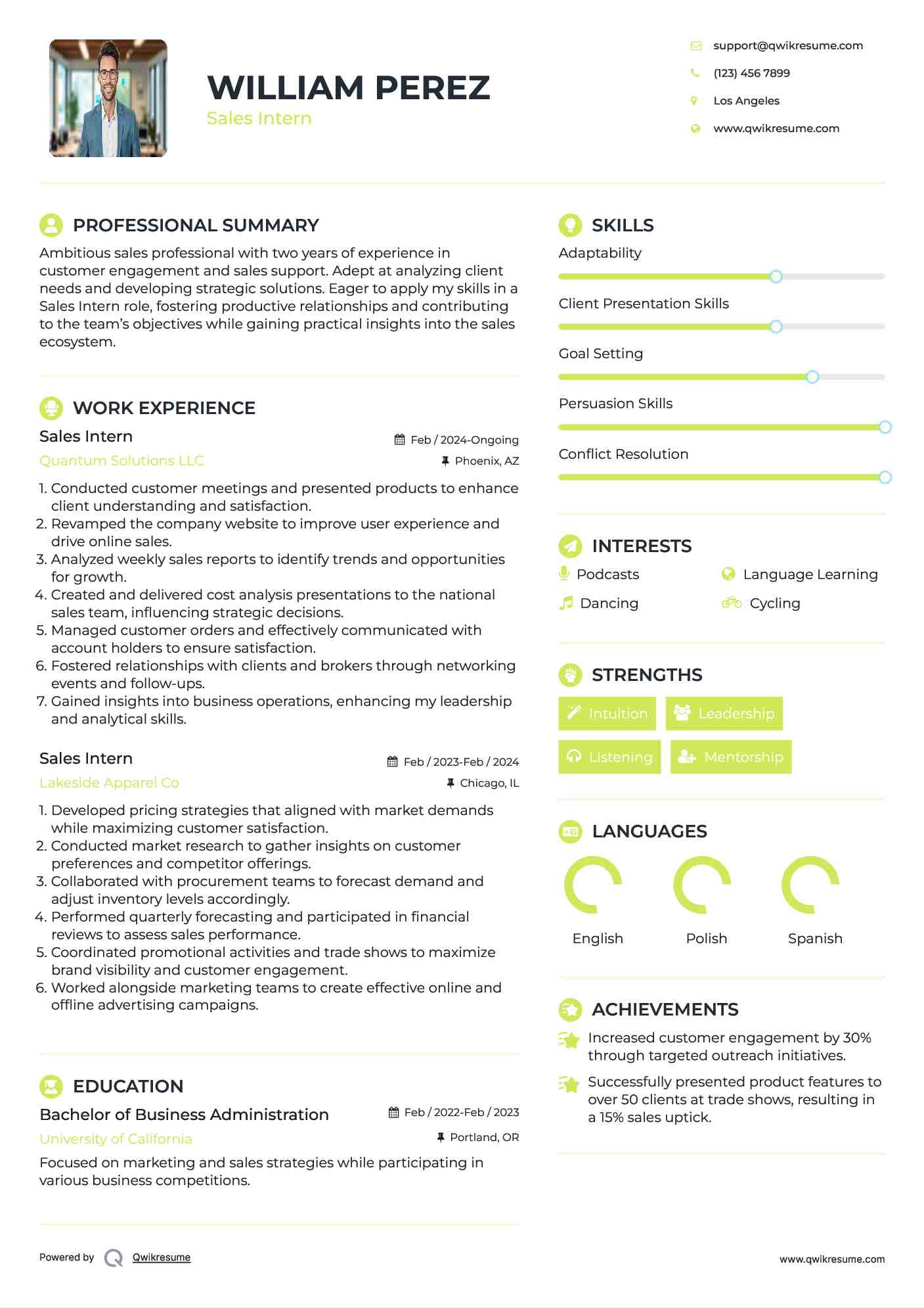 Sales Intern Resume Sample