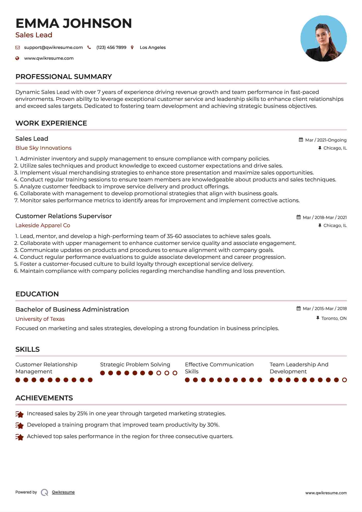 Sales Lead Resume Sample