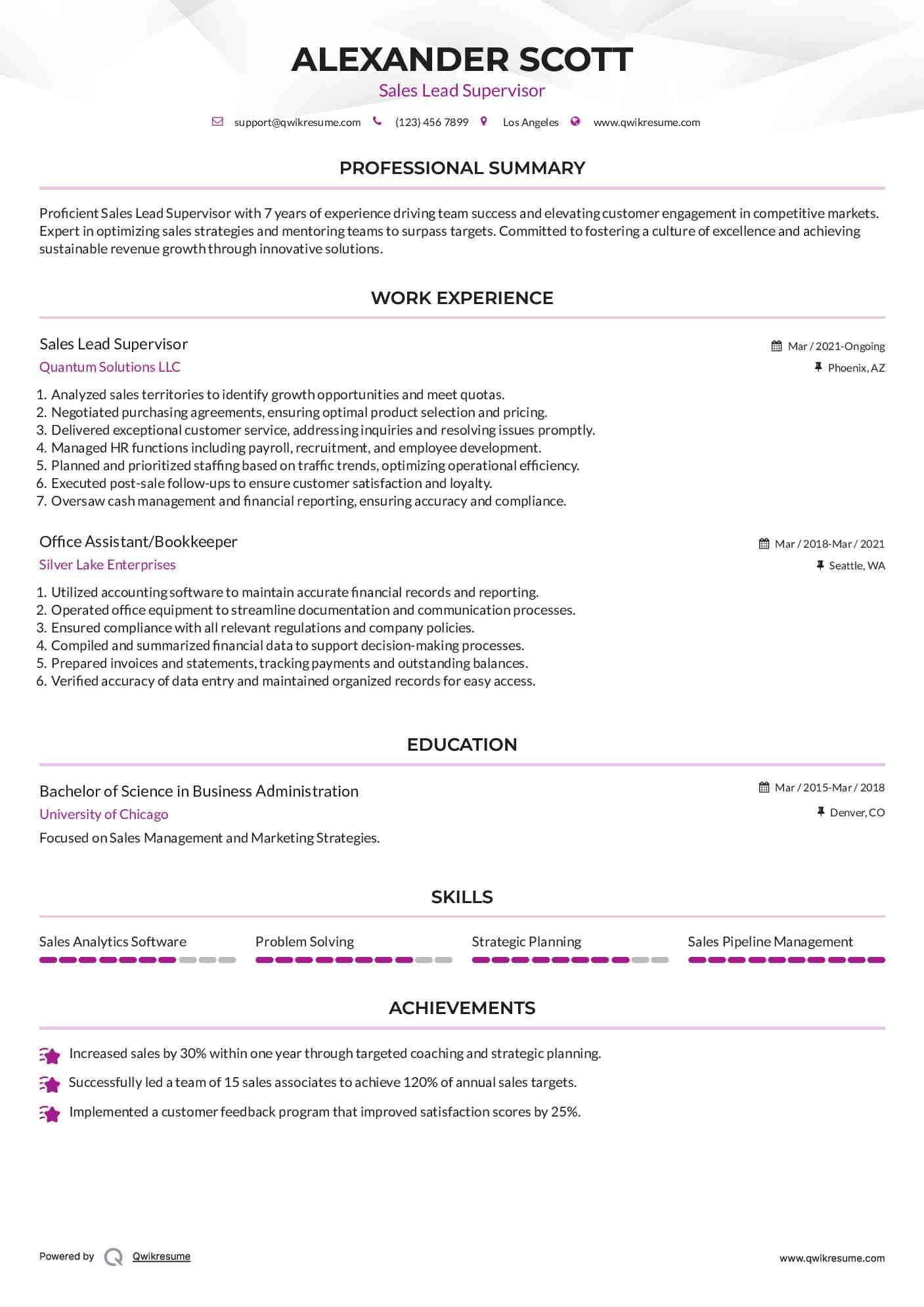Sales Lead Supervisor Resume Sample