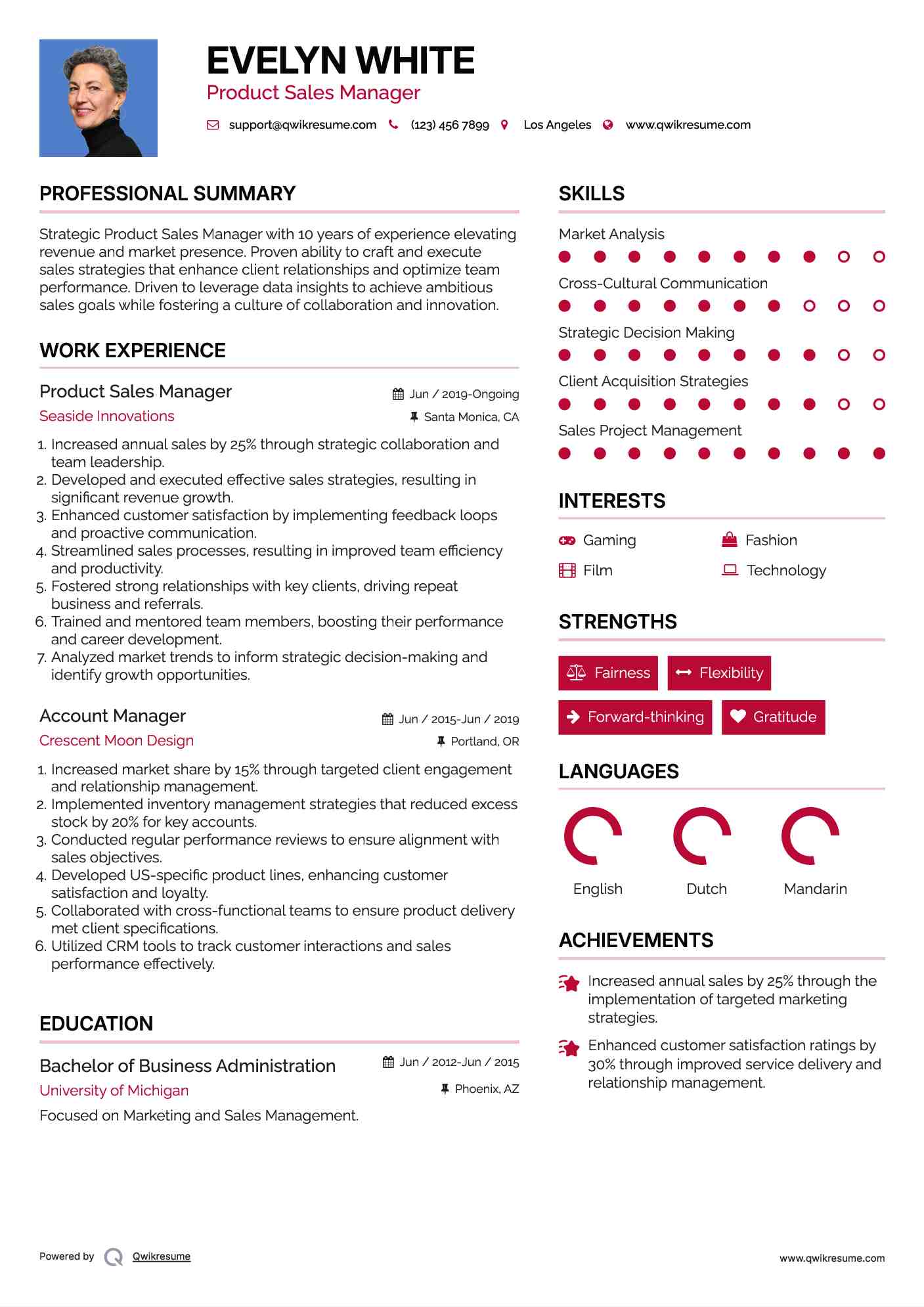 Product Sales Manager Resume Template