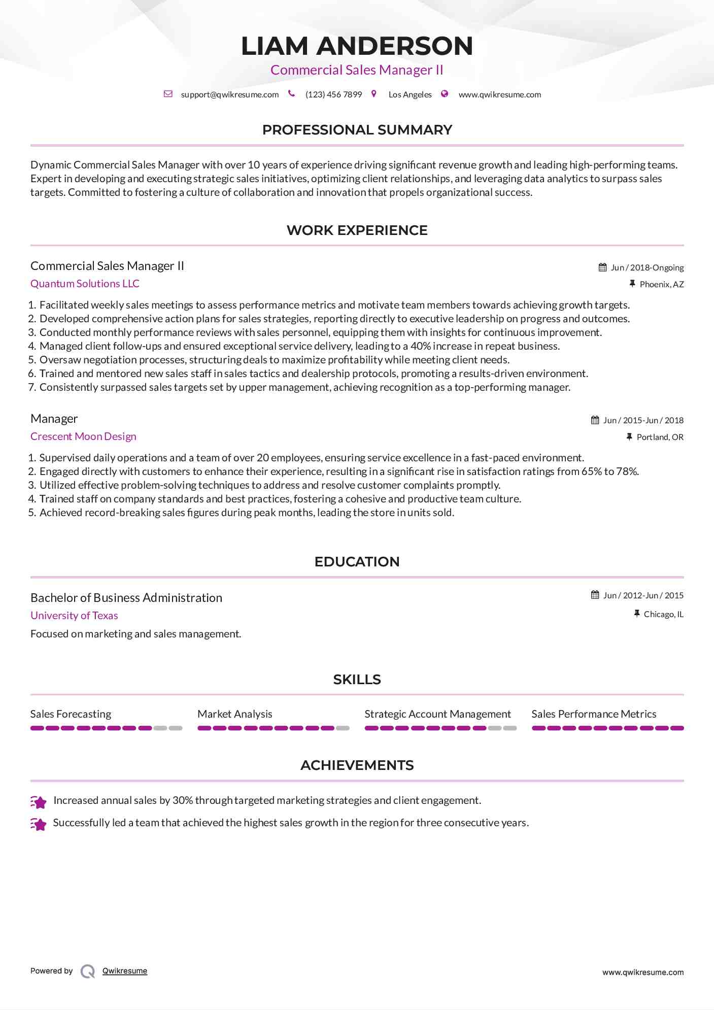 Commercial Sales Manager II Resume Template