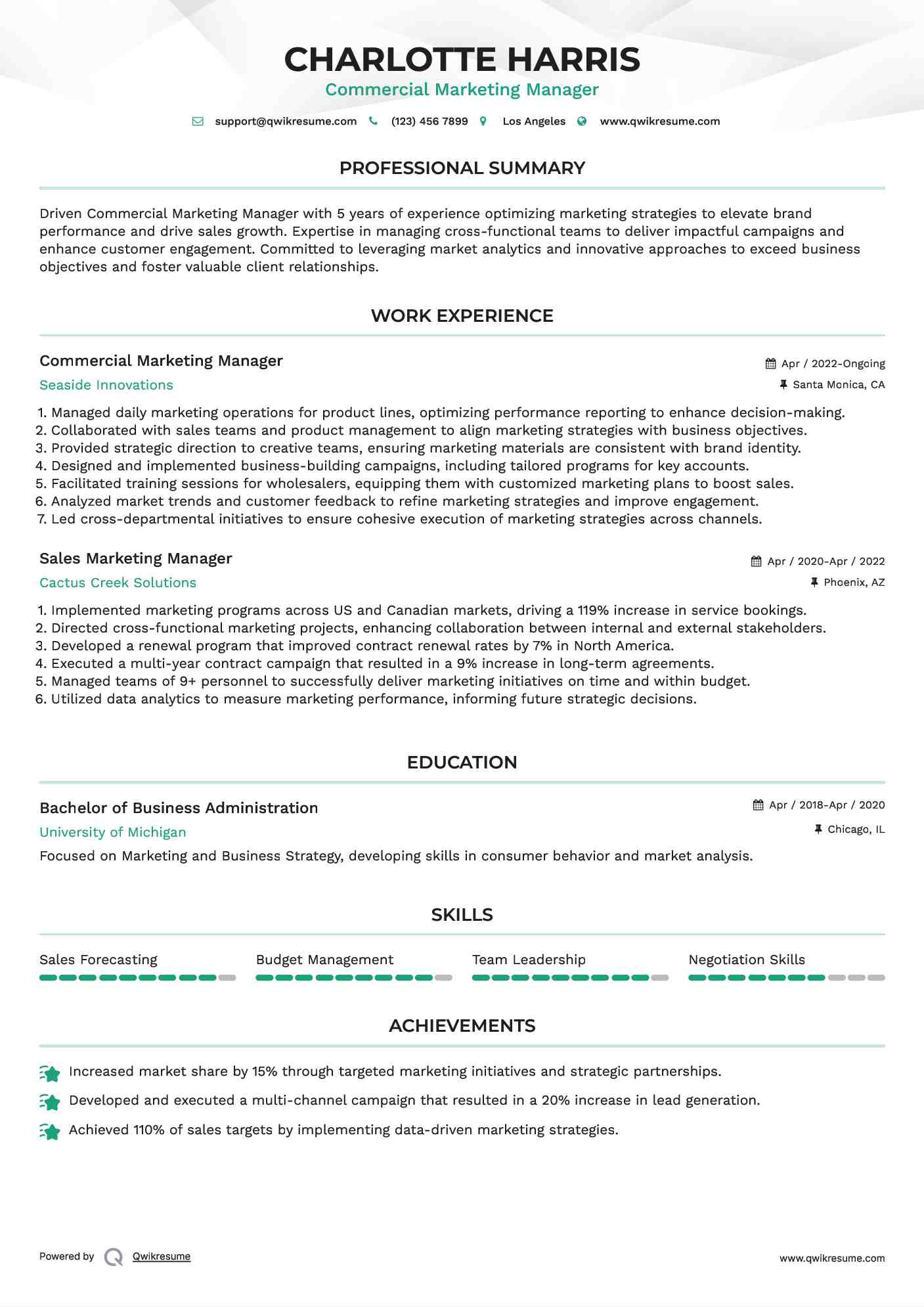 Commercial Marketing Manager Resume Model