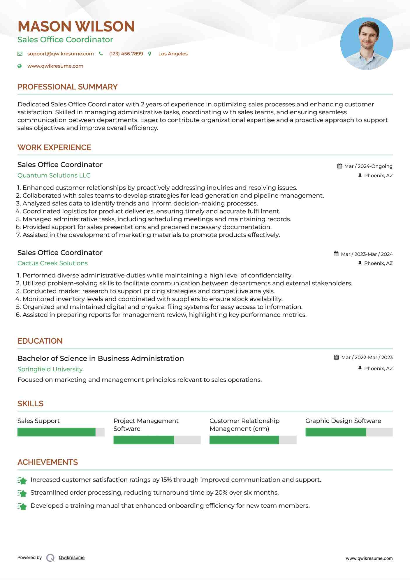 Sales Office Coordinator Resume Example