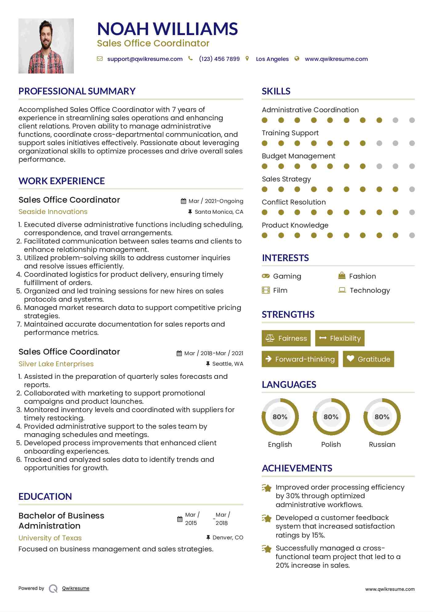 Sales Office Coordinator Resume Example