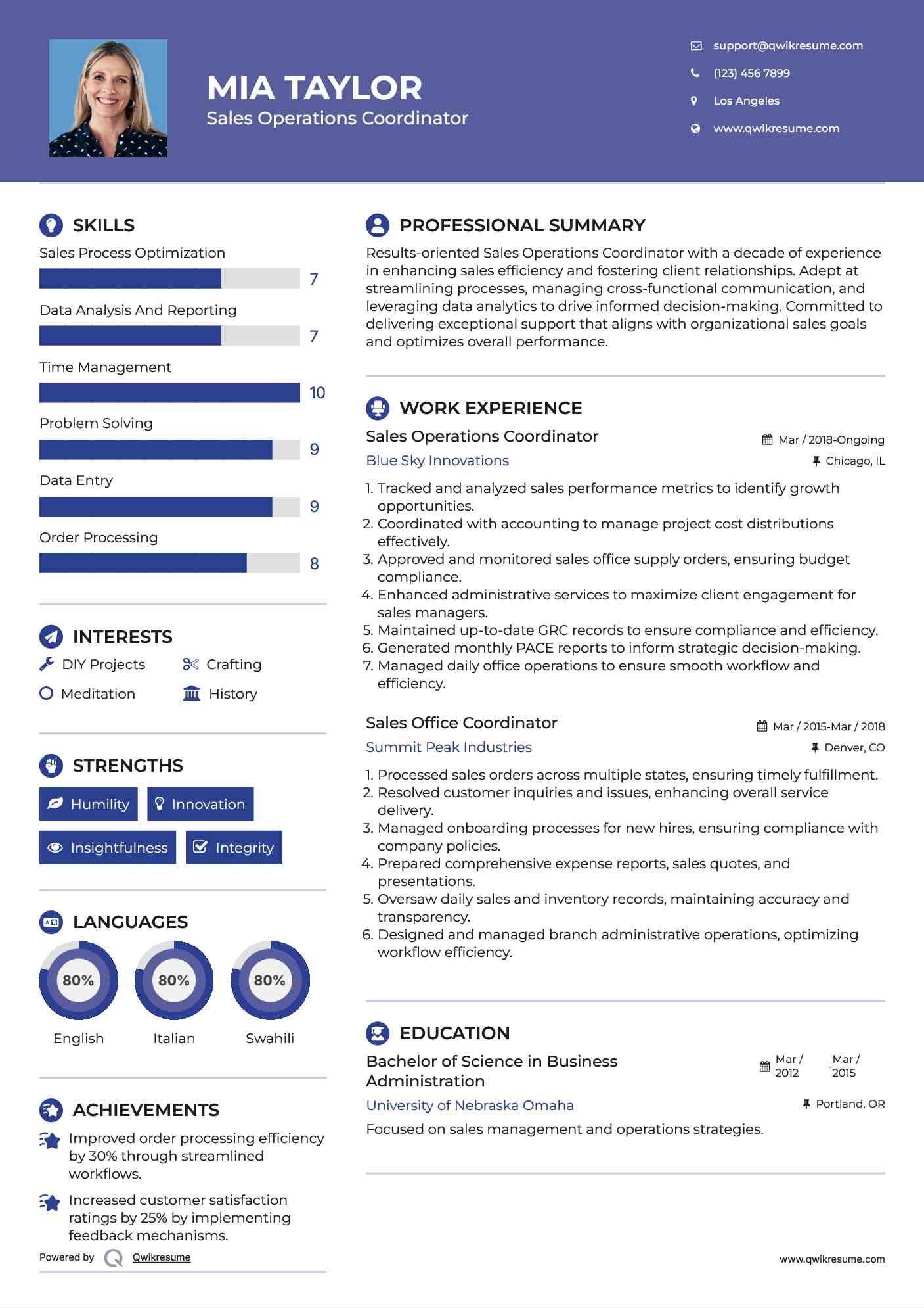 Sales Operations Coordinator Resume Sample