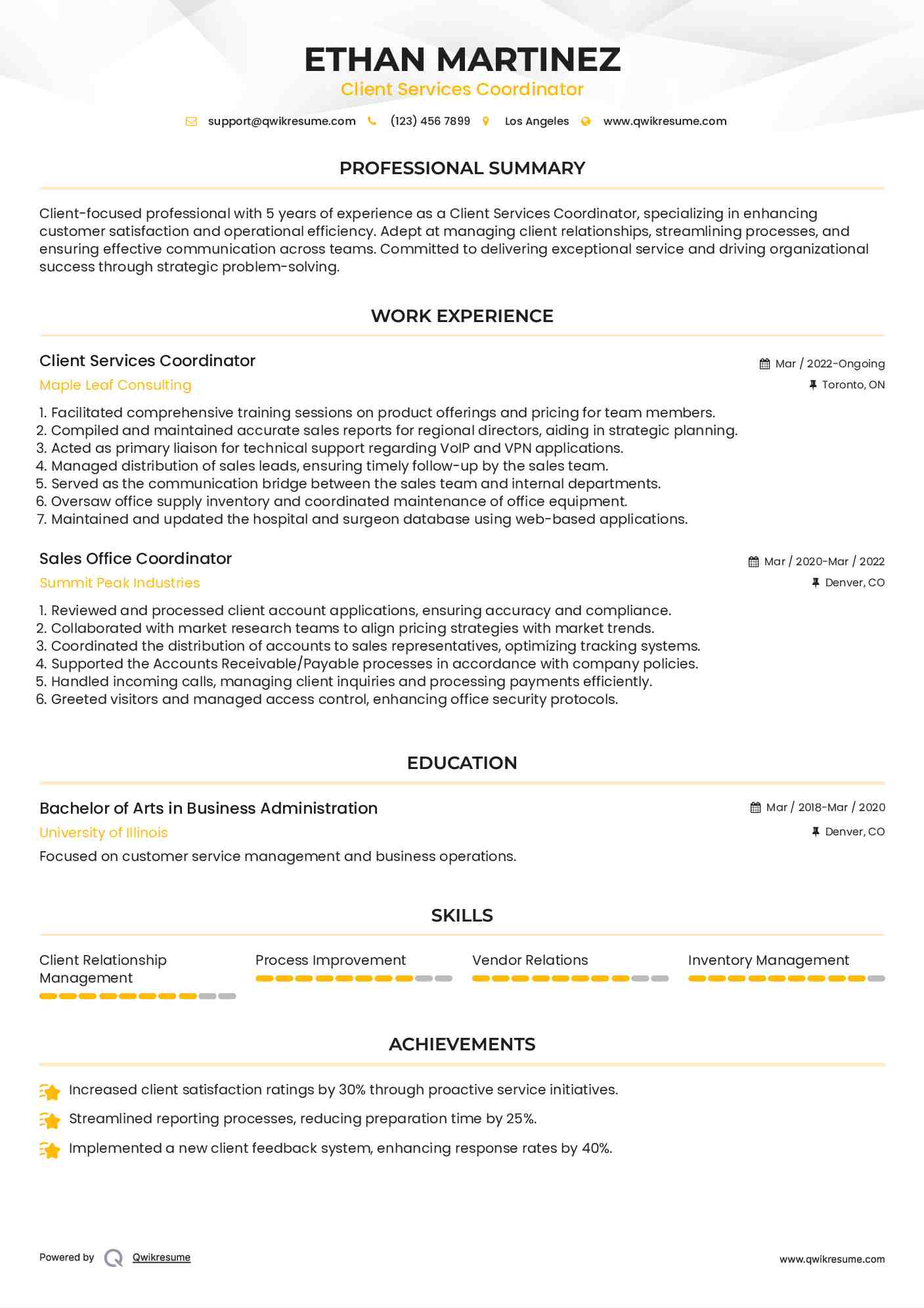 Client Services Coordinator Resume Format