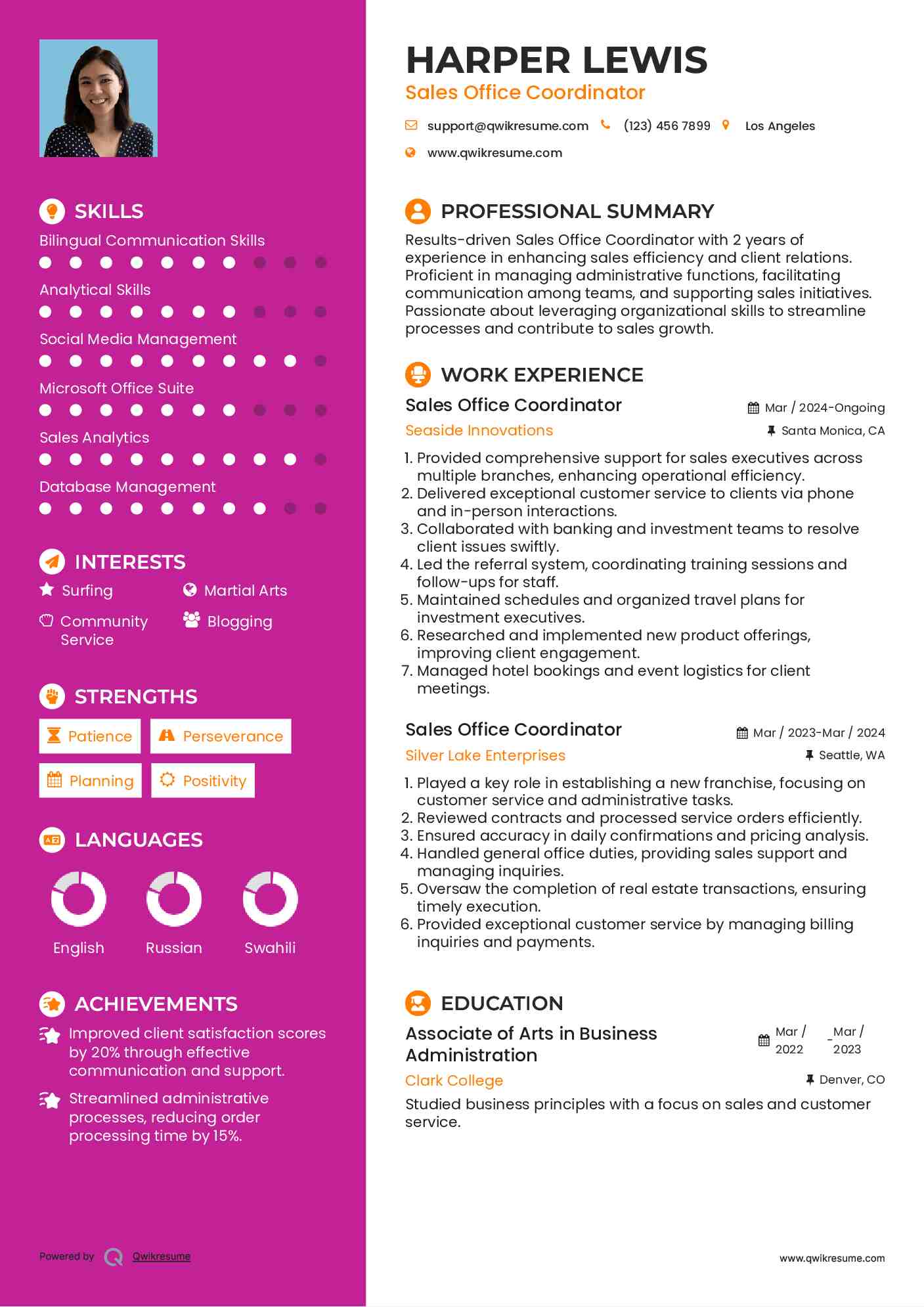 Sales Office Coordinator Resume Sample