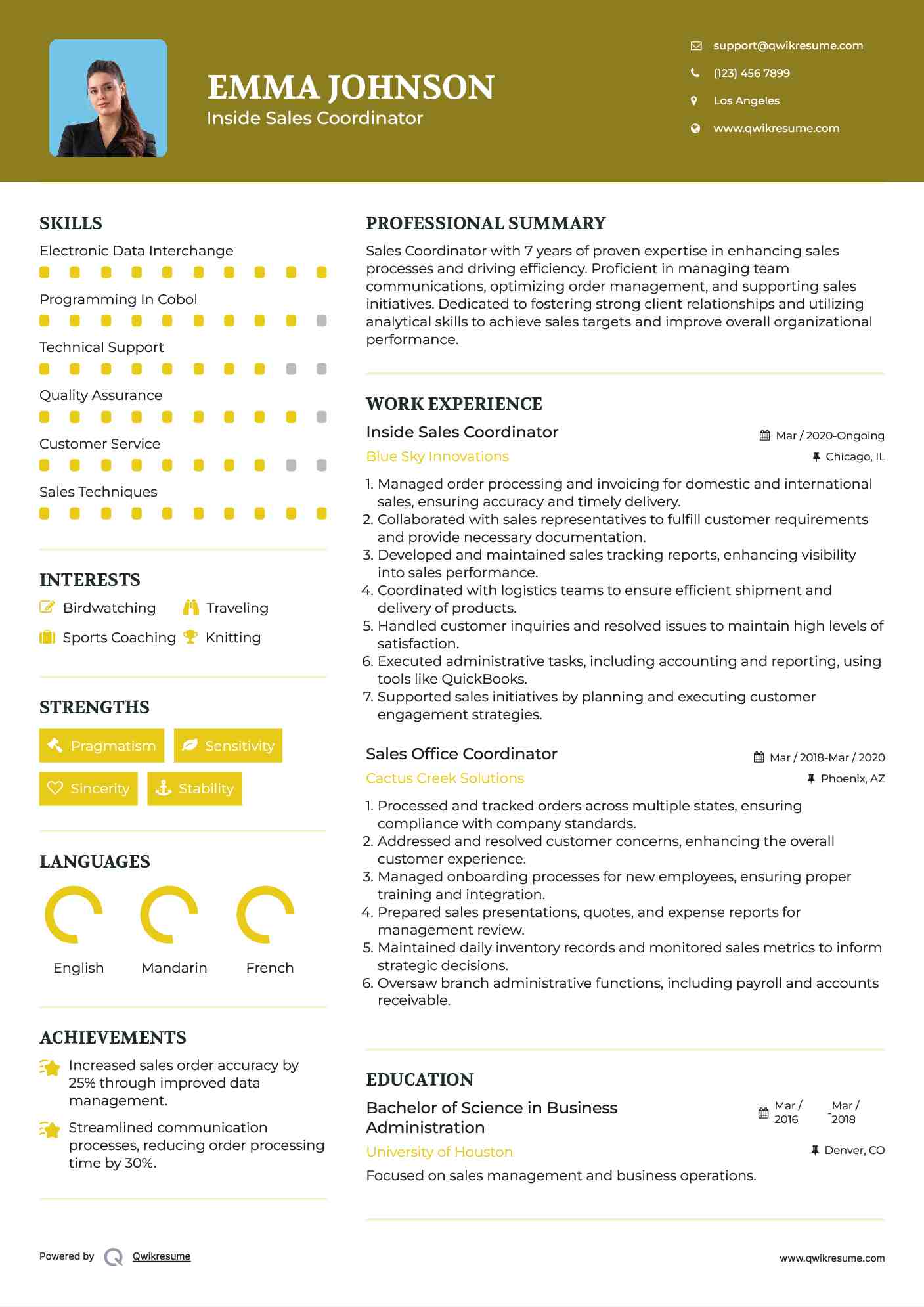 Inside Sales Coordinator Resume Format