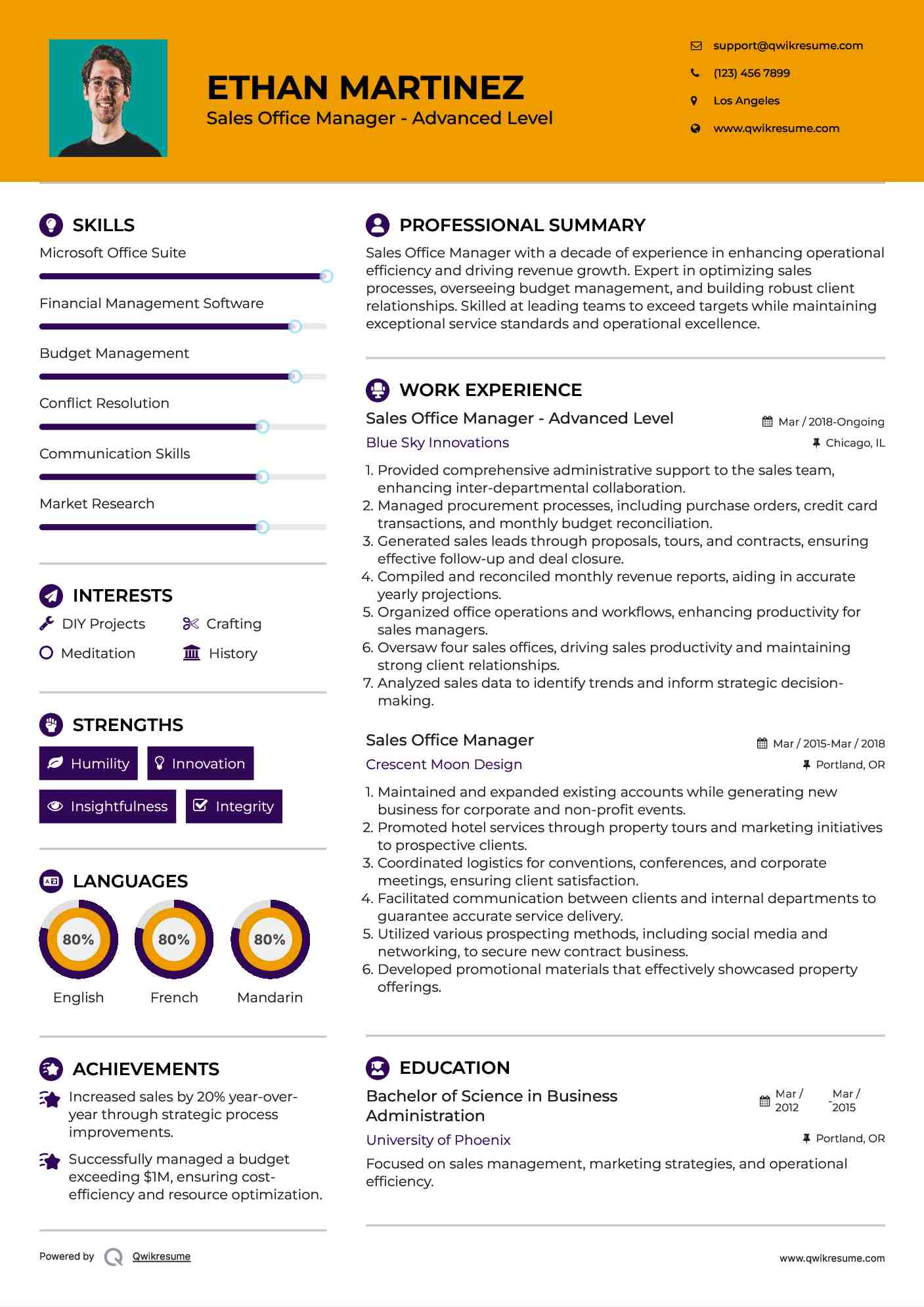 Sales Office Manager - Advanced Level Resume Sample
