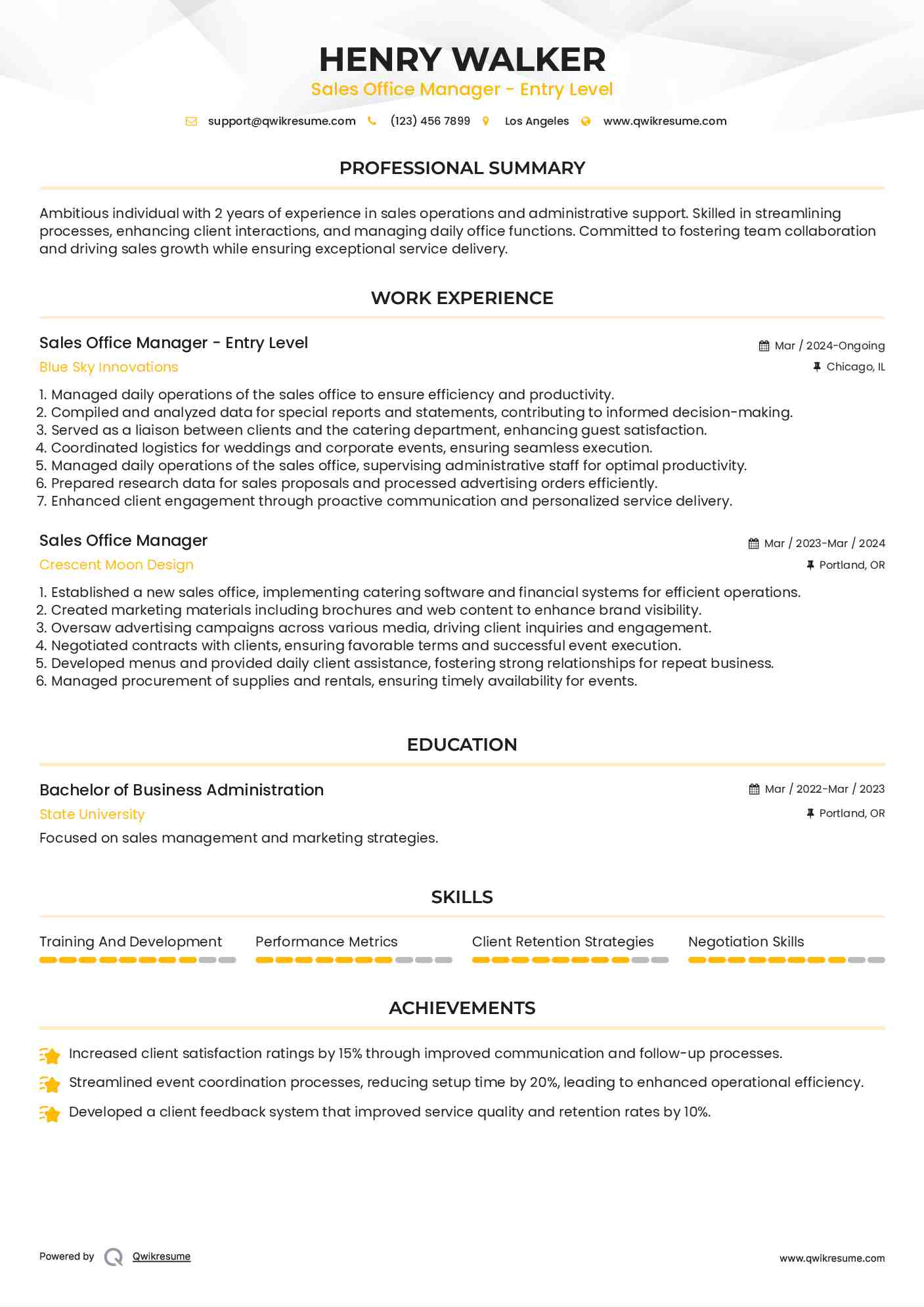 Sales Office Manager - Entry Level Resume Example