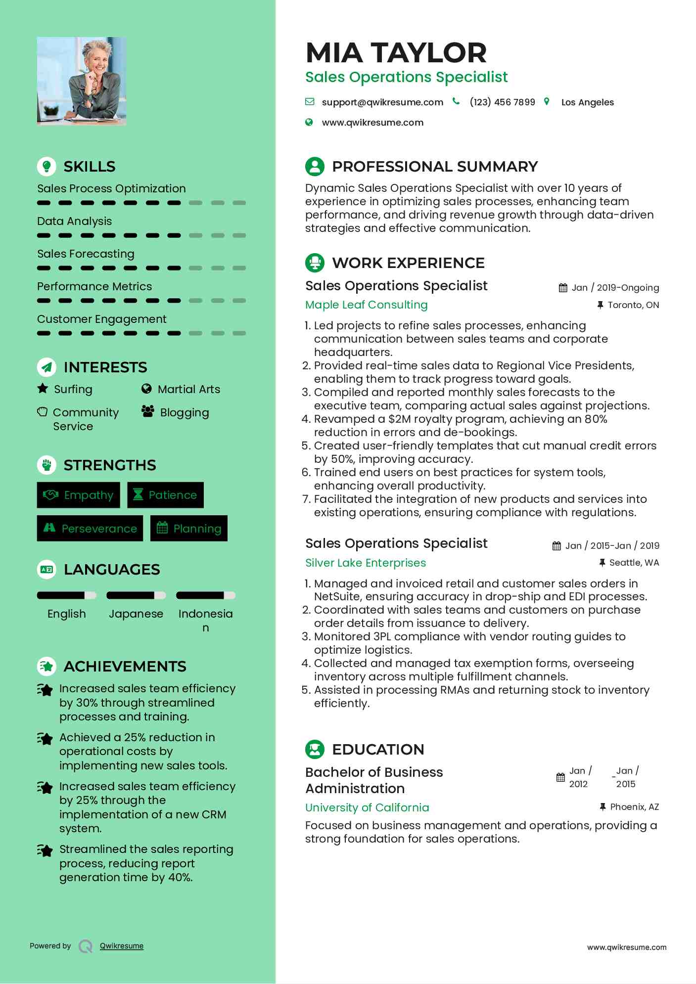 Sales Operations Specialist Resume Format