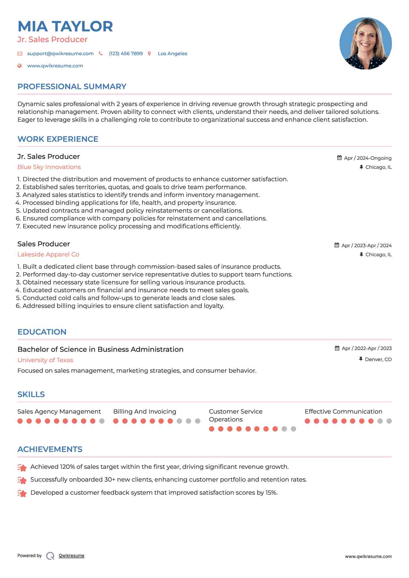 Jr. Sales Producer Resume Format