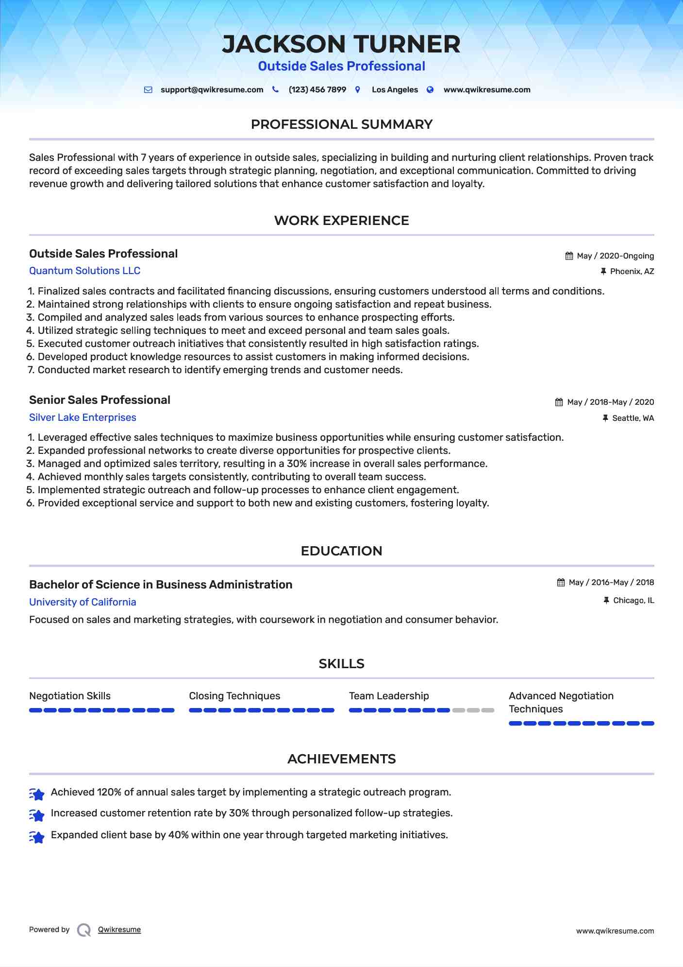 Outside Sales Professional Resume Format