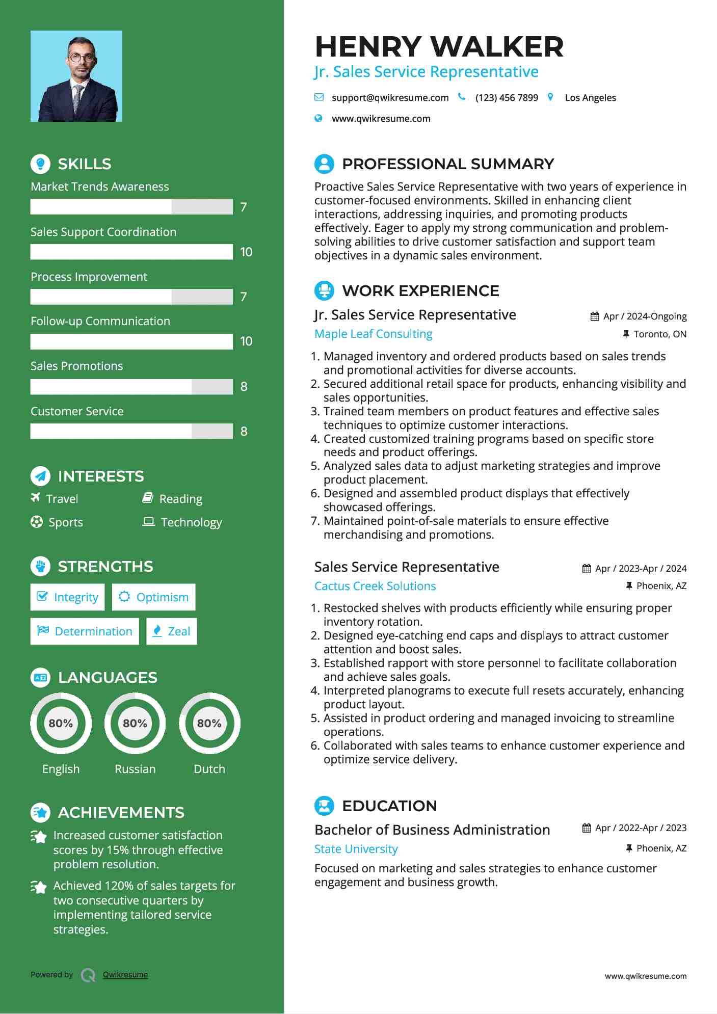 Jr. Sales Service Representative Resume Sample