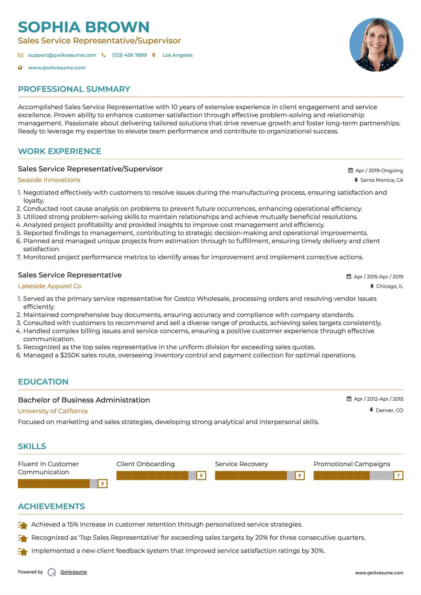 Sales Service Representative/Supervisor Resume Model