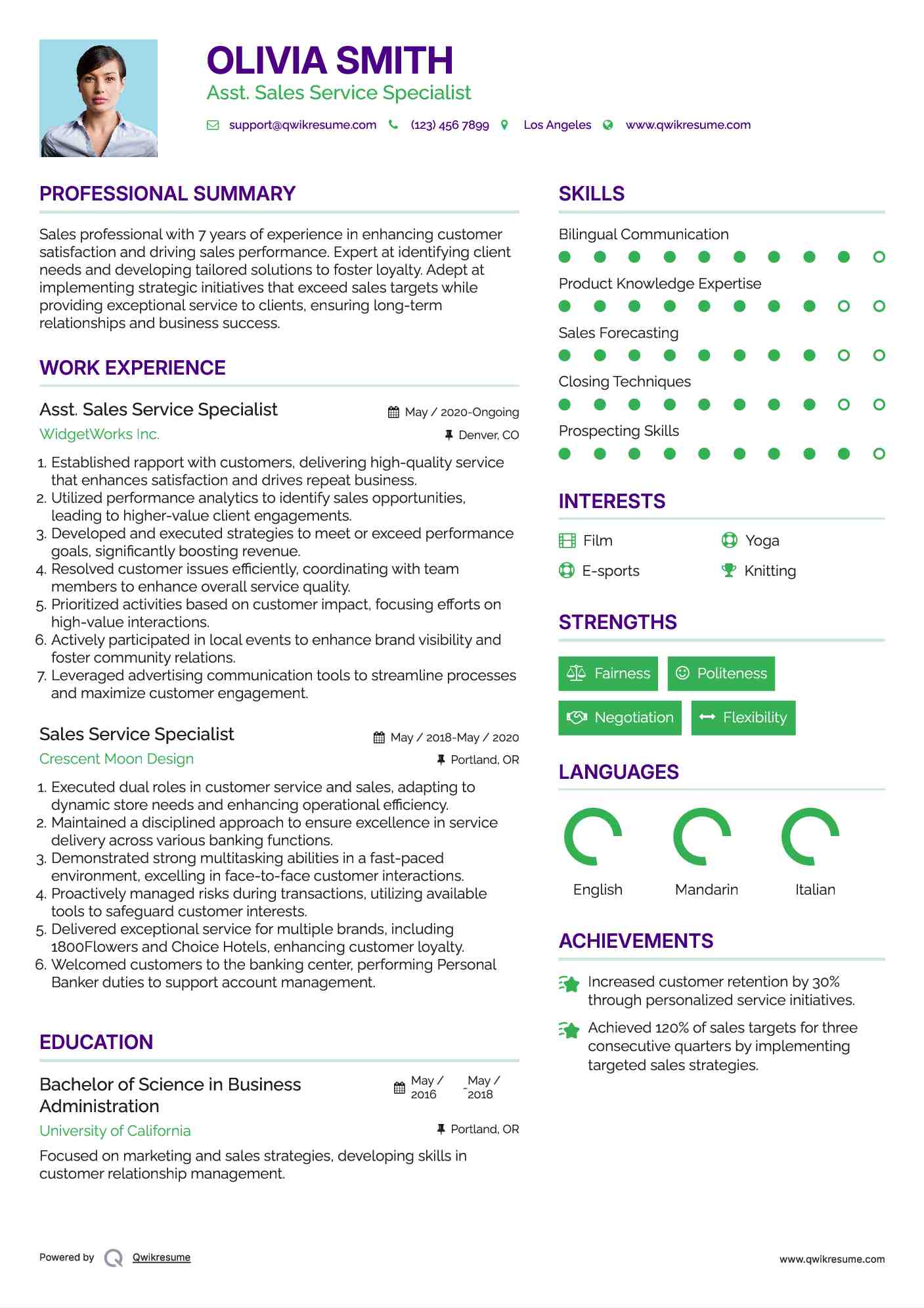 Asst. Sales Service Specialist Resume Example