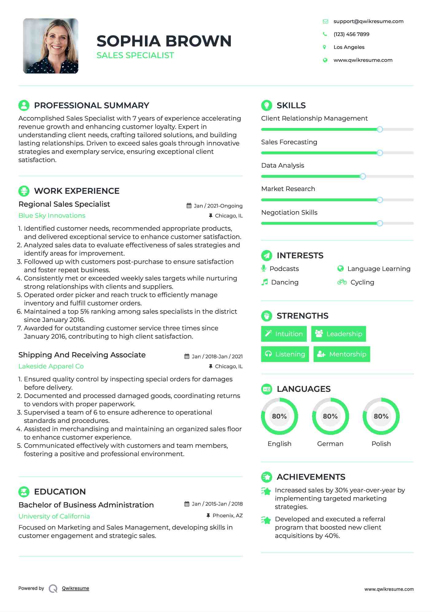 Regional Sales Specialist Resume Sample