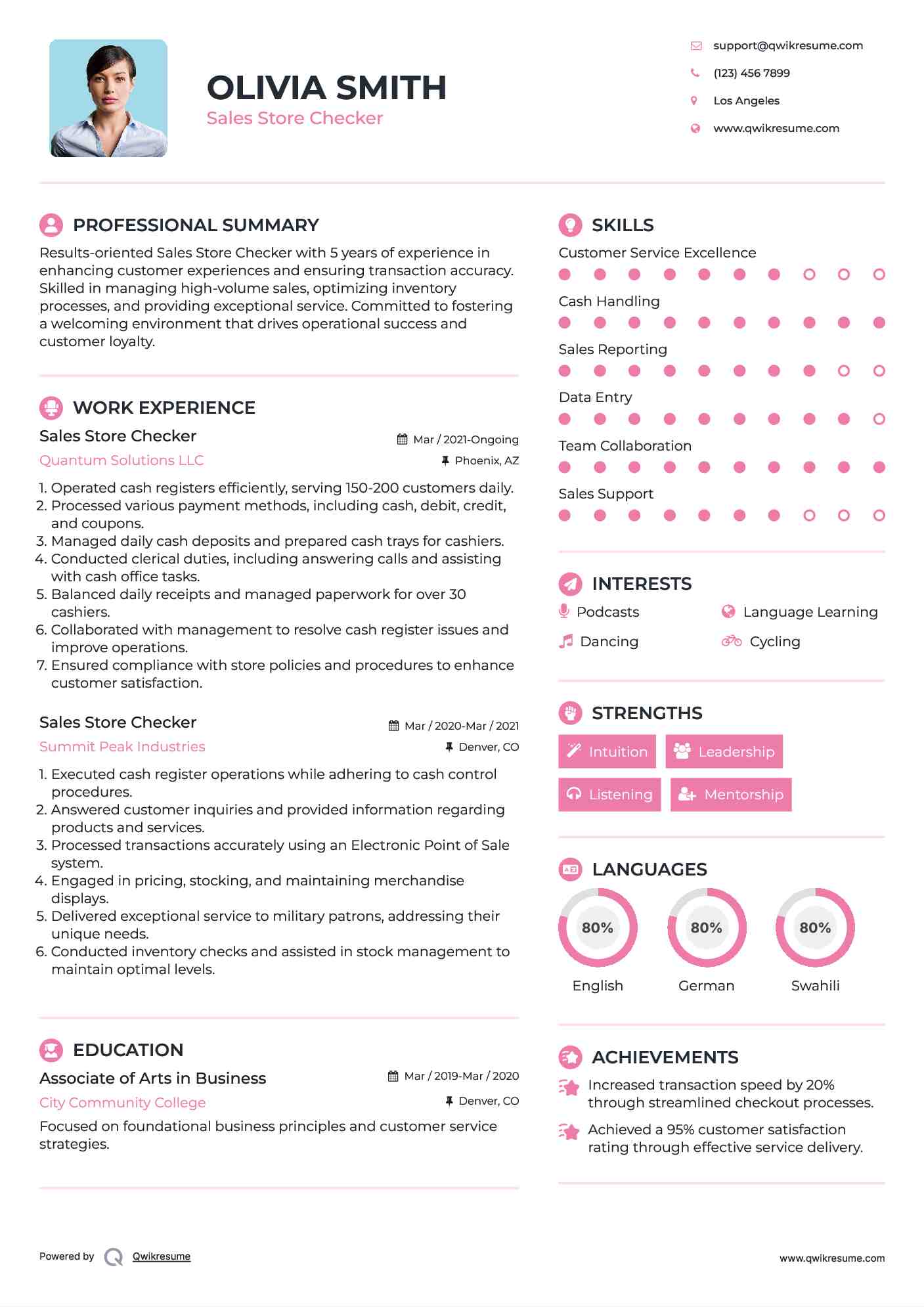 Sales Store Checker Resume Samples QwikResume