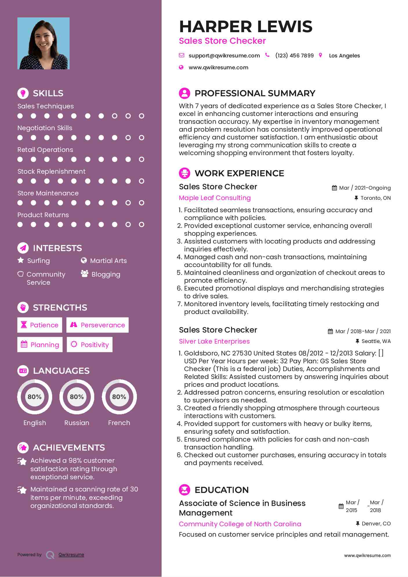 Sales Store Checker Resume Example