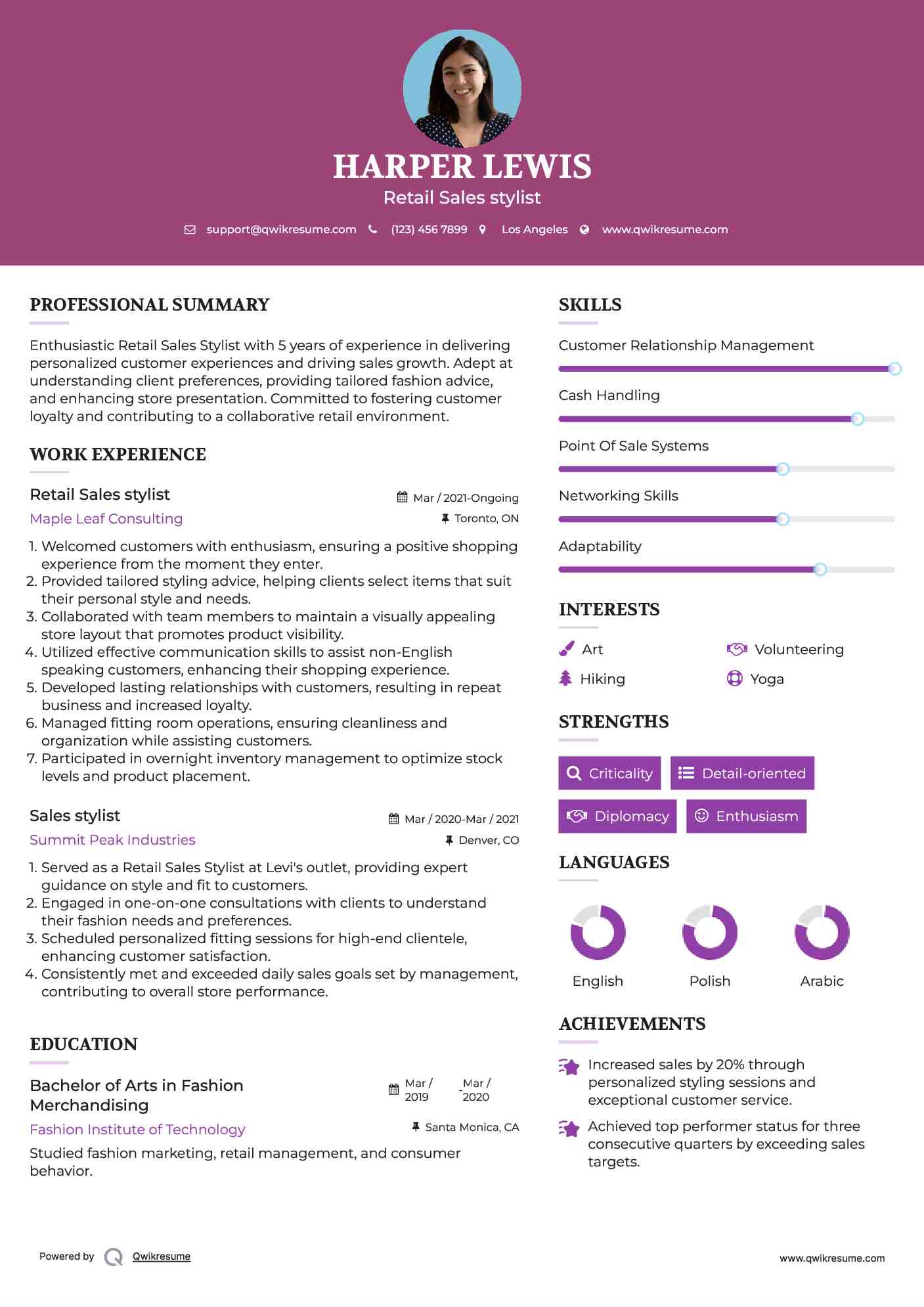 Retail Sales stylist Resume Example