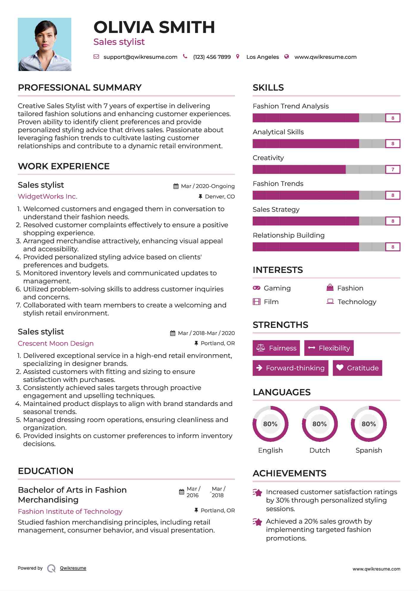 Sales stylist Resume Example