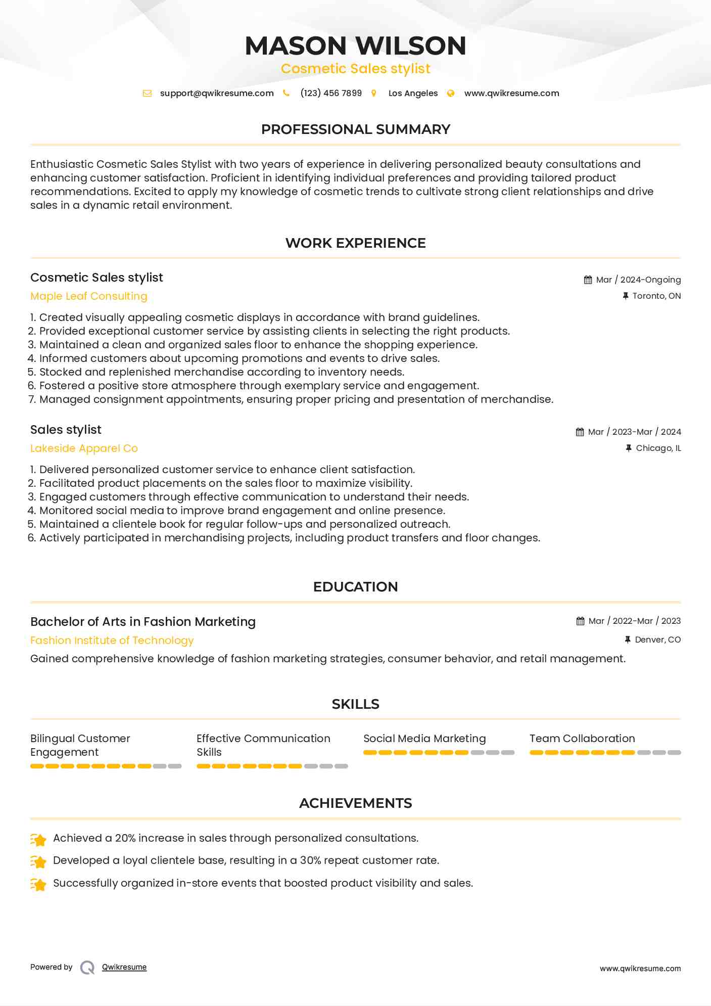 Cosmetic Sales stylist Resume Format