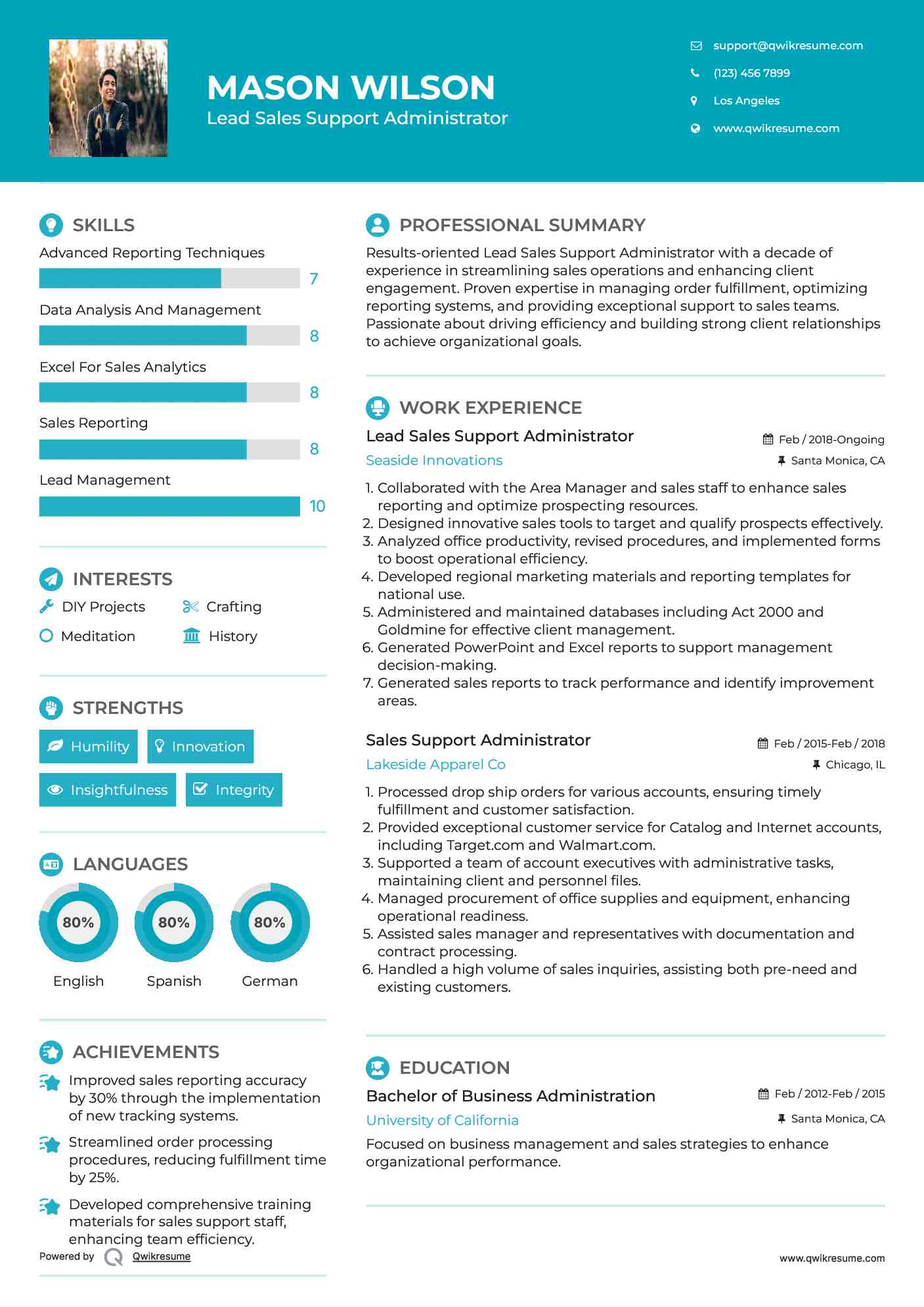 Lead Sales Support Administrator Resume Sample