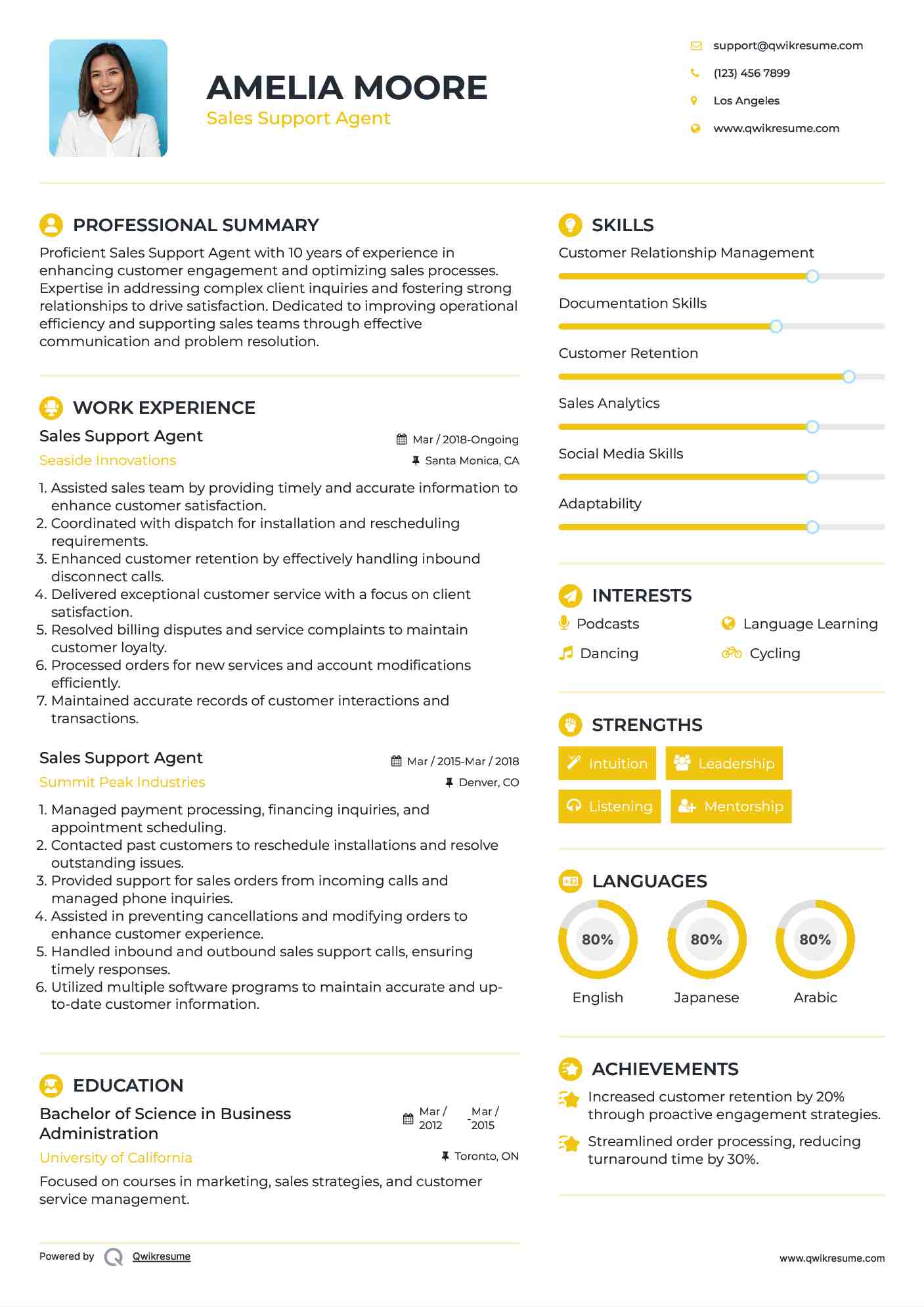 Sales Support Agent Resume Sample