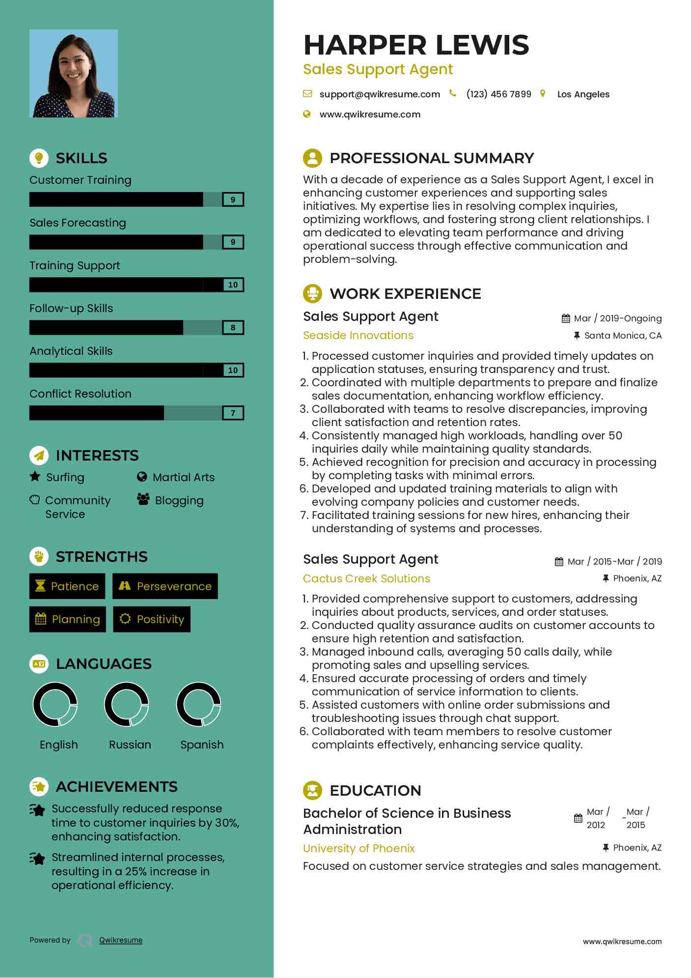 Sales Support Agent Resume Sample