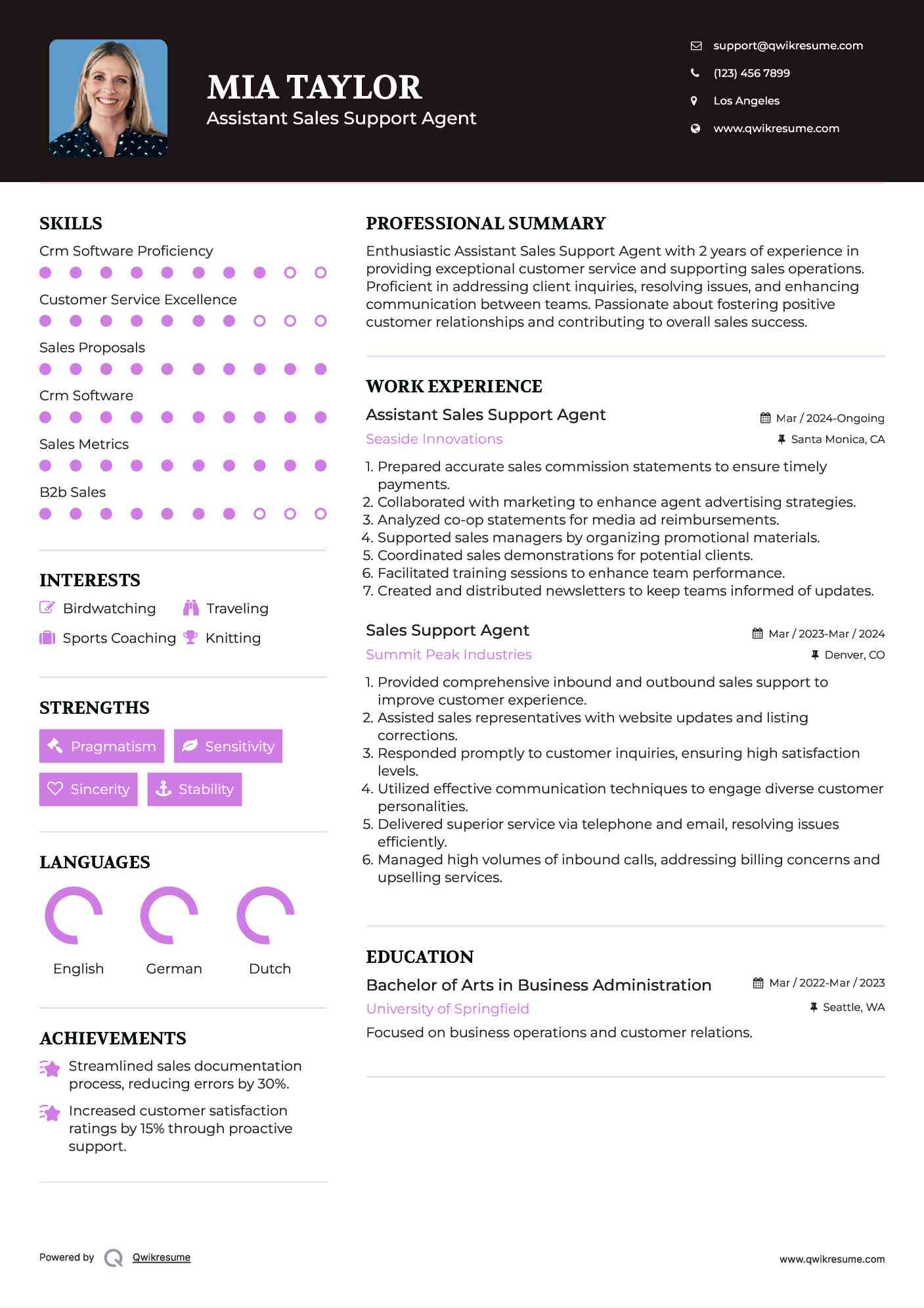 Assistant Sales Support Agent Resume Sample