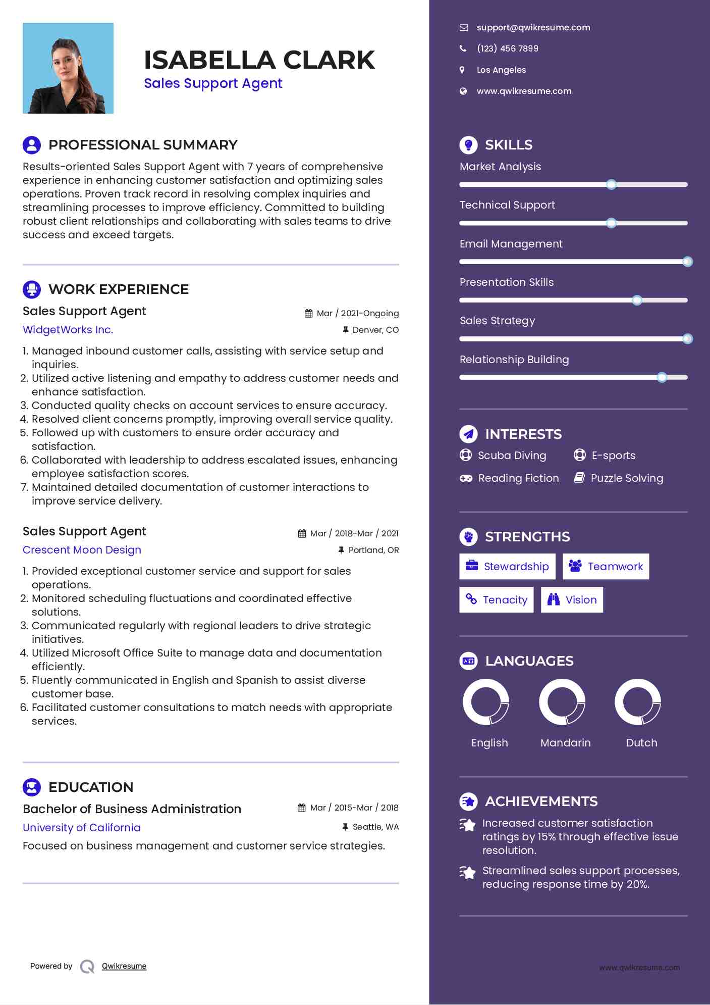 Sales Support Agent Resume Template